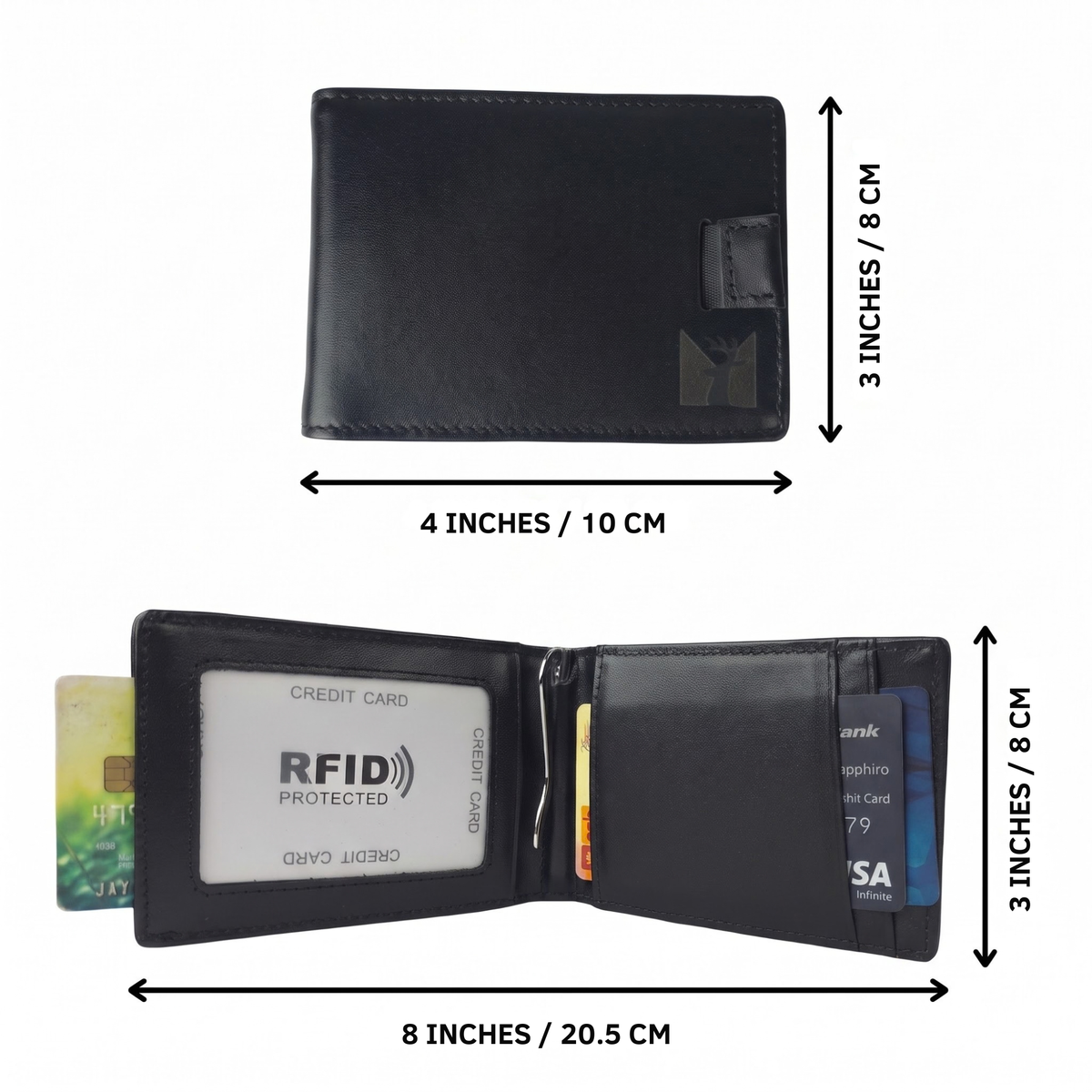 Men’s Genuine Leather Bifold Wallet Black With 5 Card Slots & Metal Money Clip