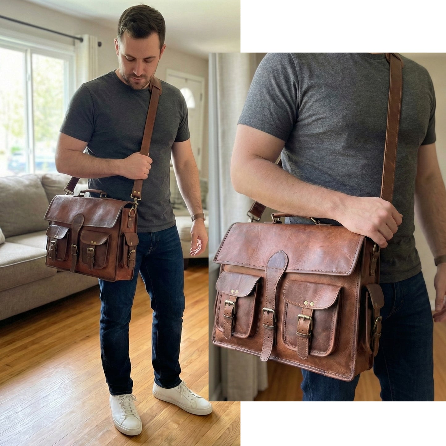 Genuine Leather Laptop Crossbody Business Messenger Men's Office Briefcase Bag