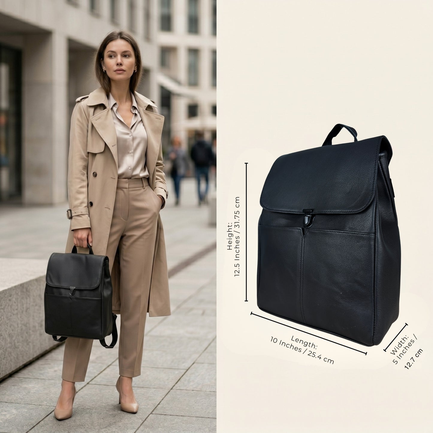 Madosh Black Genuine Leather Unisex Backpack Casual Travel Rucksack Daypack