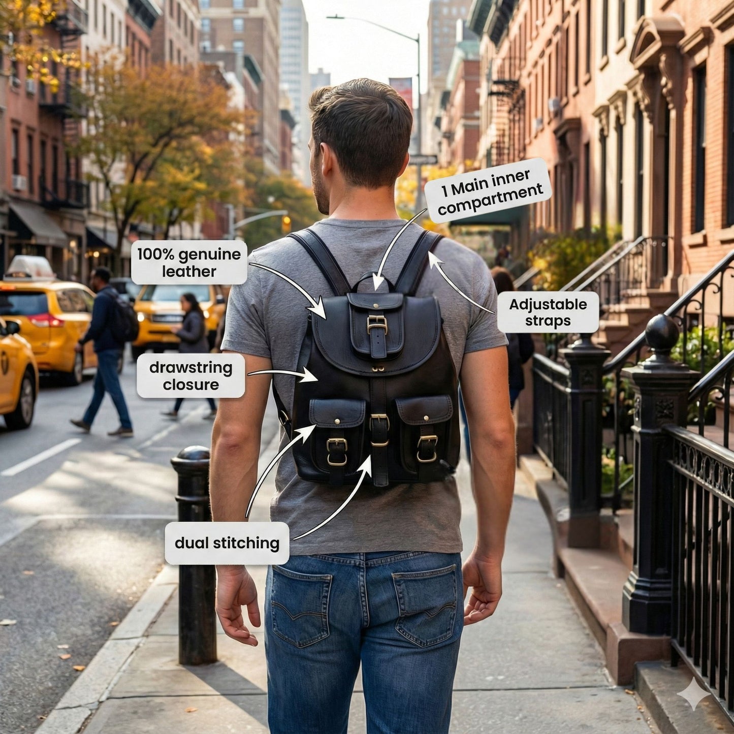 Black Genuine Leather Laptop Backpack Sports Hiking Daypacks Carryall Rucksack Casual Shoulder Bookbag