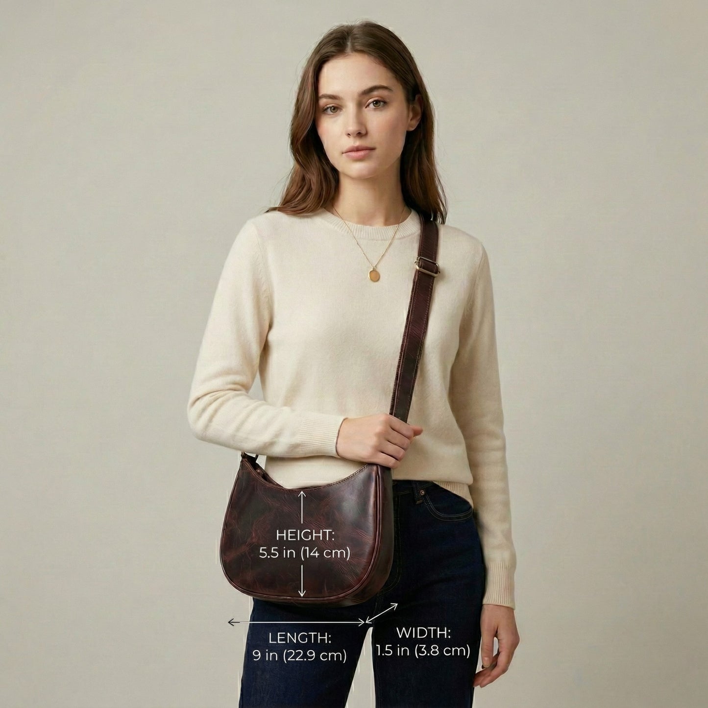 Madosh Genuine Leather Half Moon Crossbody Bag for Women – Small Crescent Shoulder Purse, Minimalist dark Brown Handbag