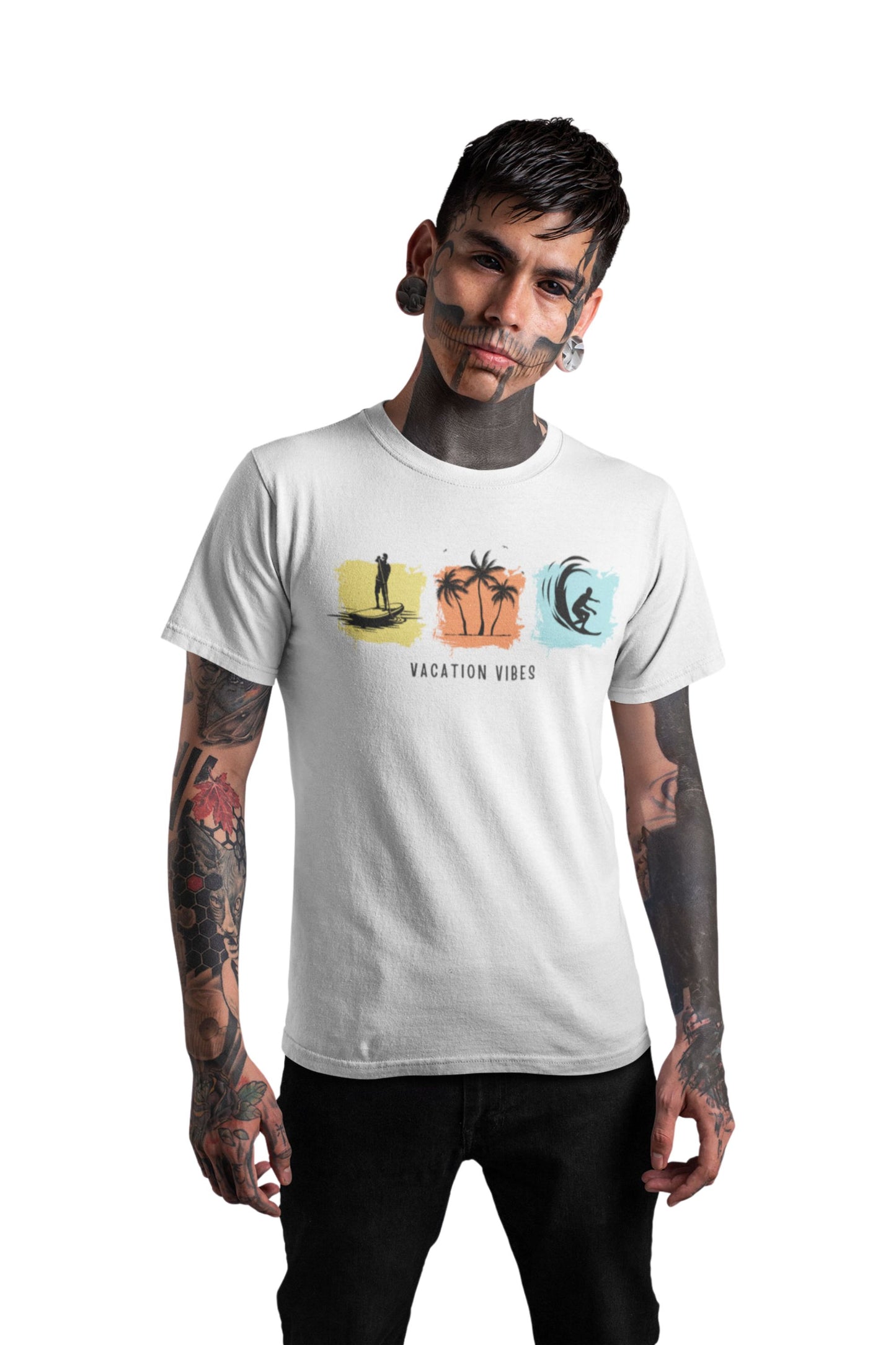 White Recycled Cotton Regular Fit Men's T-Shirt | Mens Printed Tshirt | Mens Round Neck Beach Waves Holiday Tshirt
