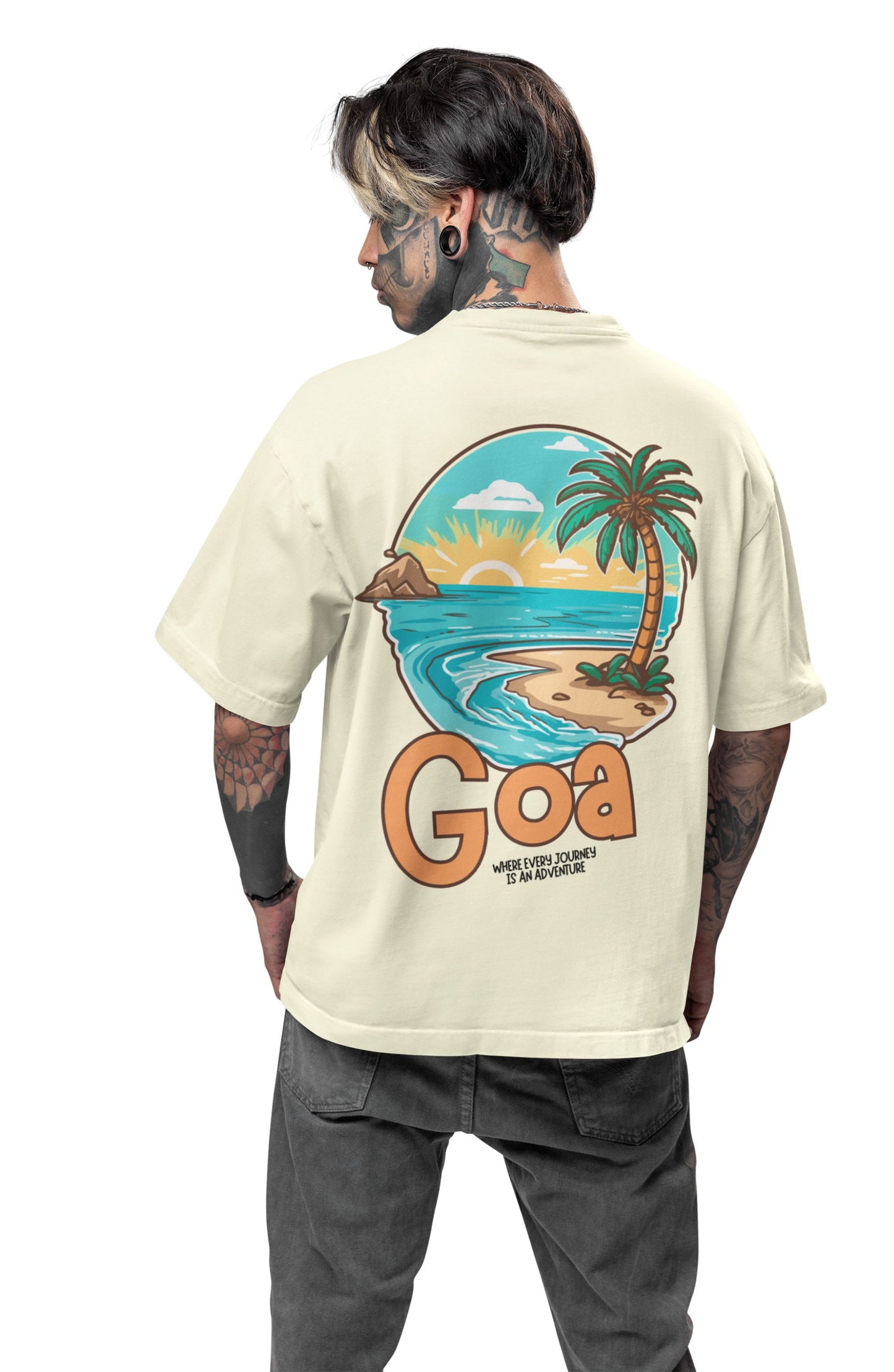 Oversized Drop Shoulder Graphic Printed Half Sleeve T-Shirt for Men | Round Neck t-Shirt 100% Cotton (240gsm) | Goa Beach Print Tshirt for Men