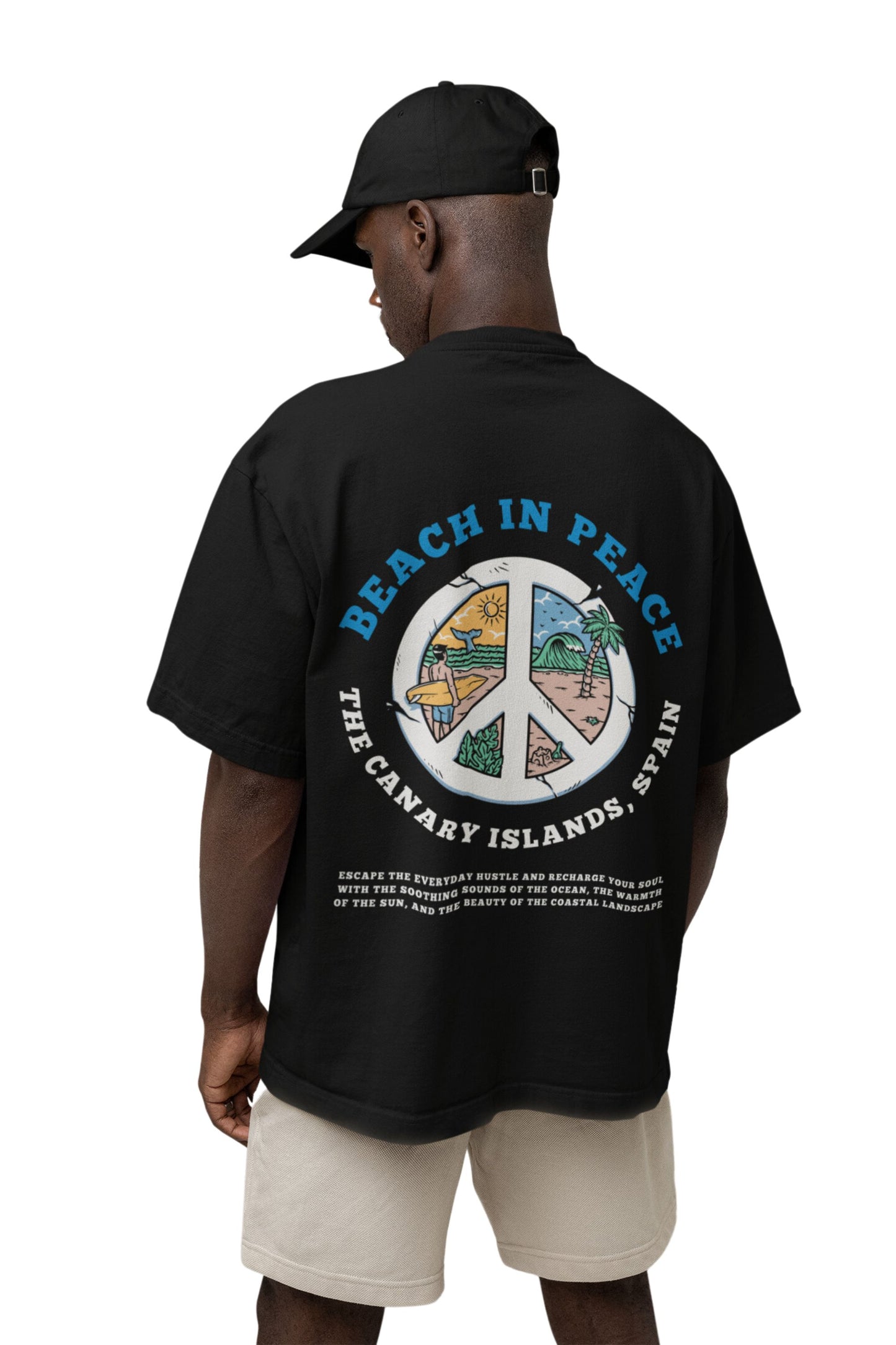 Men's Oversized Drop Shoulder T-Shirt | Printed Men's Tshirt | 100% Cotton (240gsm) | Round Neck Tshirt Peace Symbol Beach Print (IN, Alpha, M, Plus, Black)