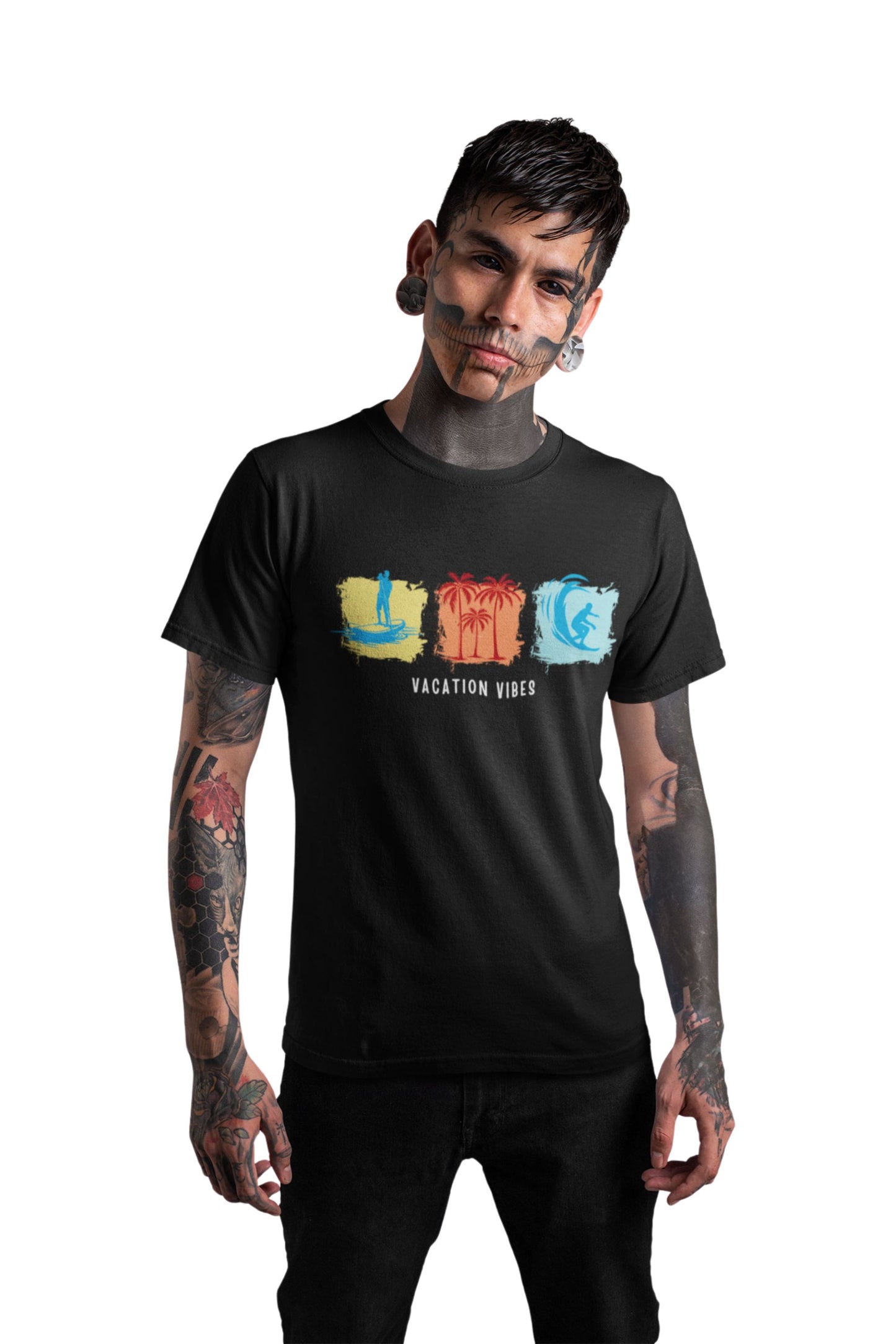 Black Recycled Cotton Regular Fit Men's T-Shirt | Mens Printed Tshirt | Mens Round Neck Beach Waves Holiday Tshirt (IN, Alpha, S, Regular, Black)
