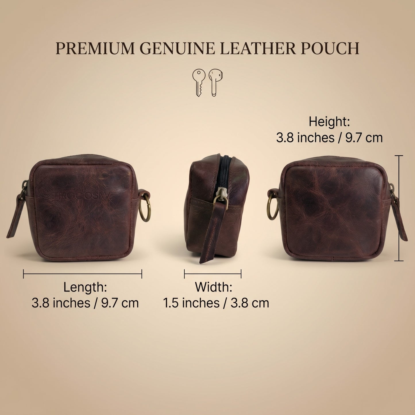 Genuine Leather Small Pouch with Zipper, Compact Key Holder Case with Brass Clip, Mini Storage Bag for Coins, Earbuds and Small Essentials (Dark Brown)