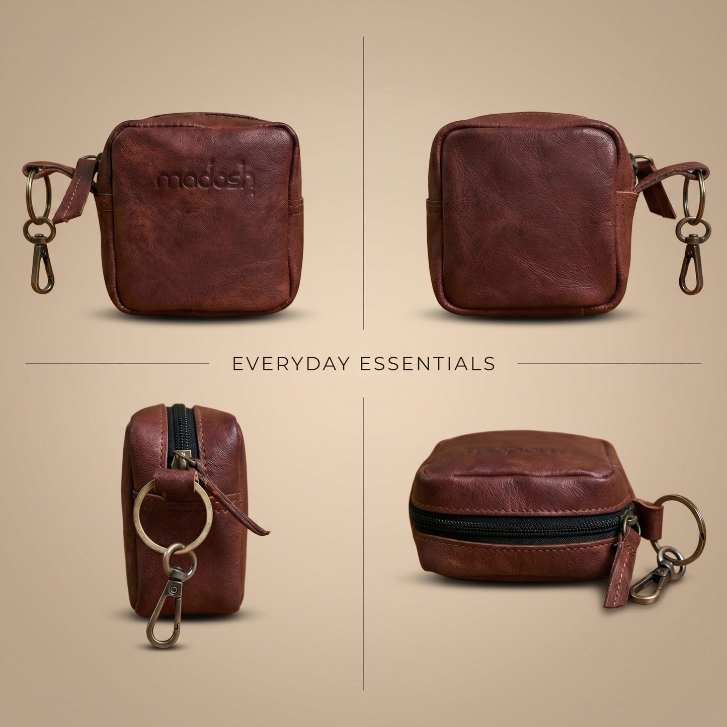 Genuine Leather Small Pouch with Zipper, Compact Key Holder Case with Brass Clip, Mini Storage Bag for Coins, Earbuds and Small Essentials (Brown)