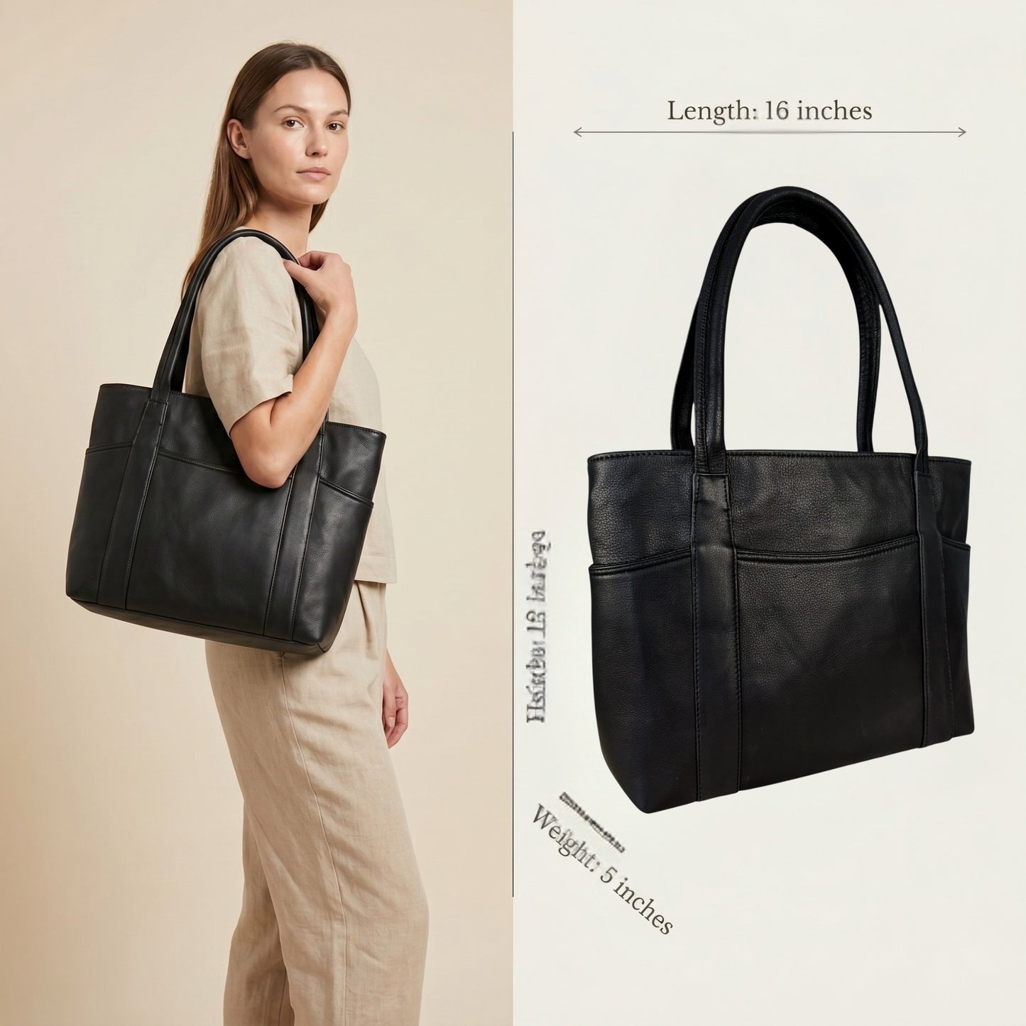 Genuine Leather Tote Bag for Women – Large Shoulder Handbag with Multiple Pockets | Work, Laptop & Travel Purse | Stylish Classic Bag for Office, Casual, Business, Gift (Black)