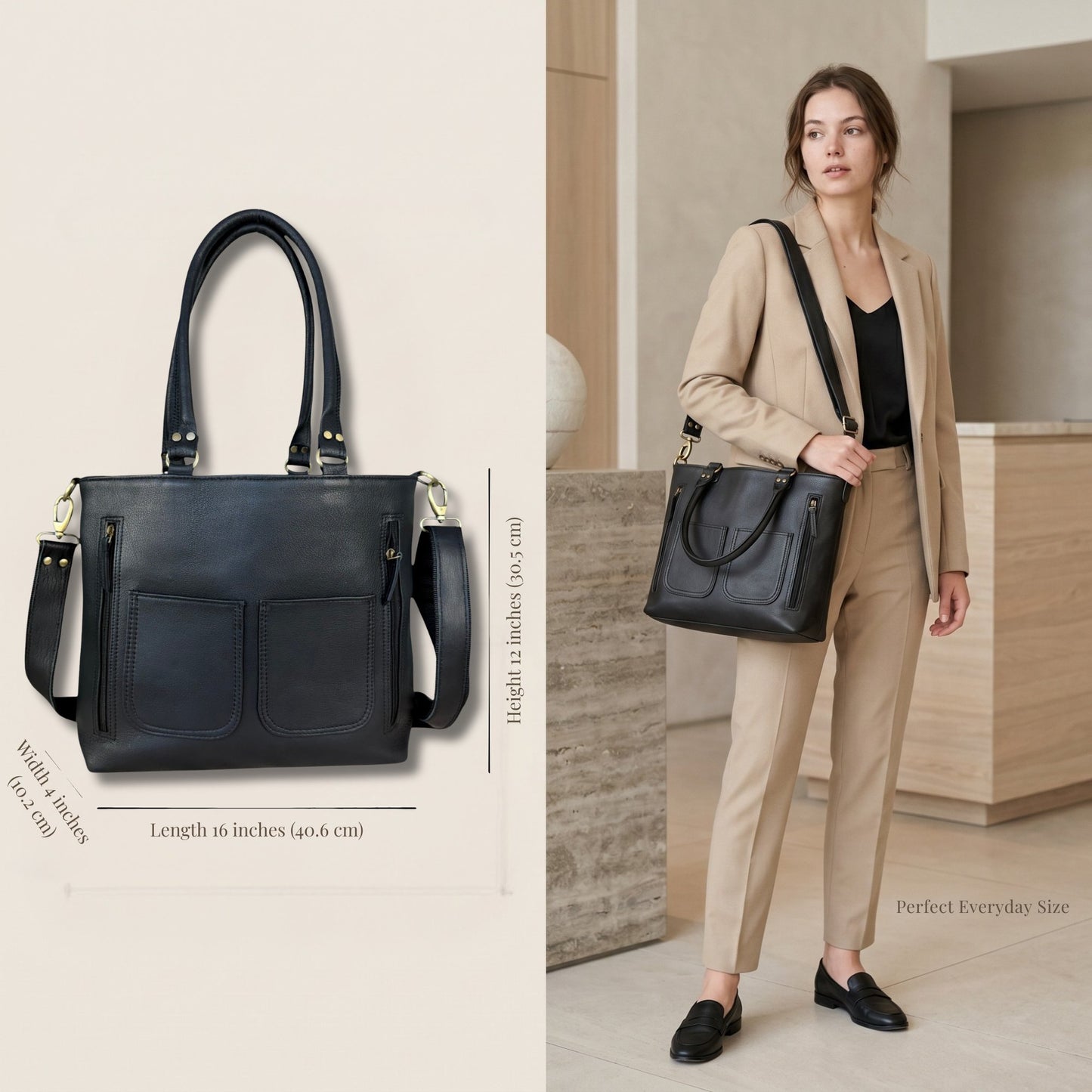 Madosh Women's Genuine Leather Tote Bag | Multi-Pocket Shoulder Bag | Adjustable & Detachable Strap | Elegant Everyday Handbag for Work & Travel (Black)