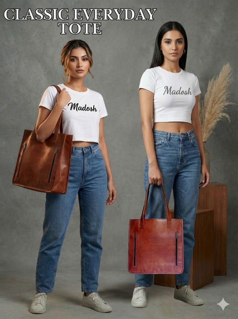 Women's Genuine Leather Brown Open Purse Tote Shoulder Shopping Bag