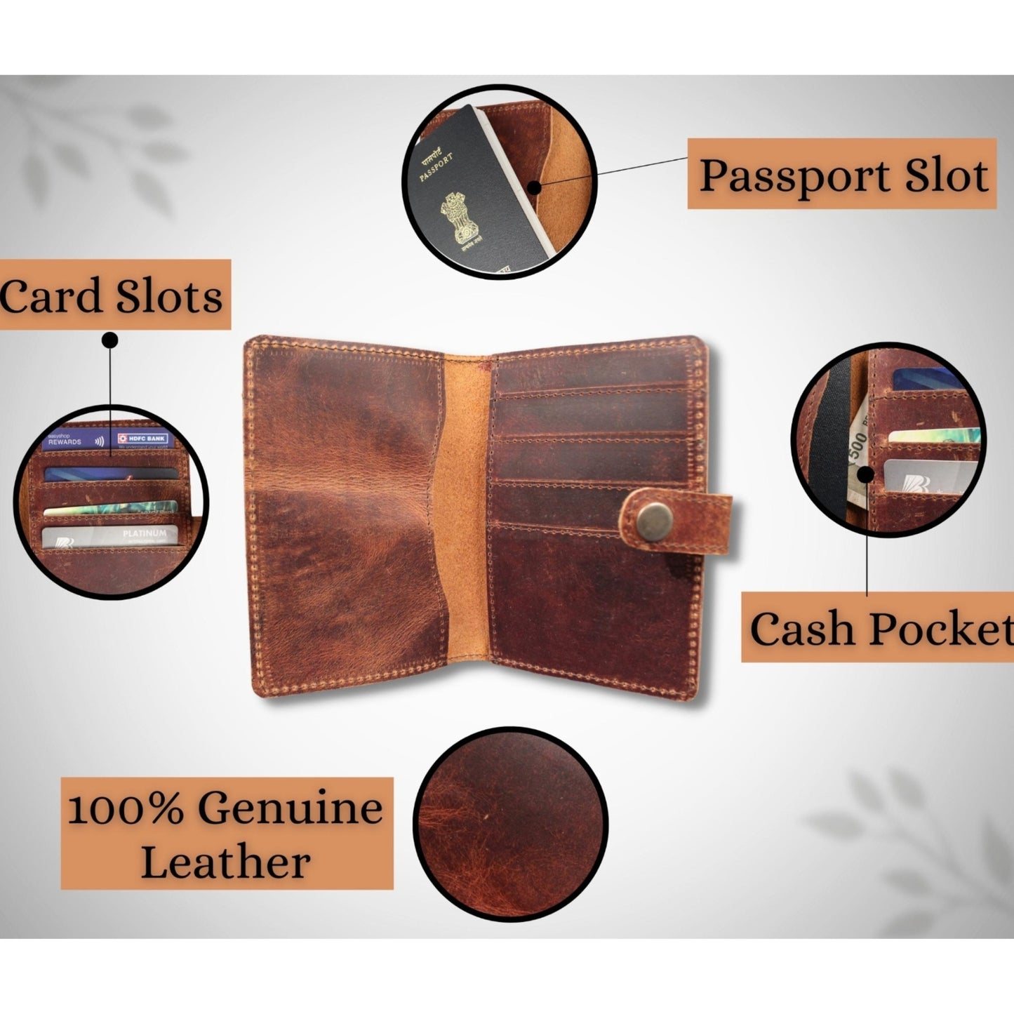 Genuine Leather Passport Cover RFID Blocking Card Holder Brown Travel Wallet