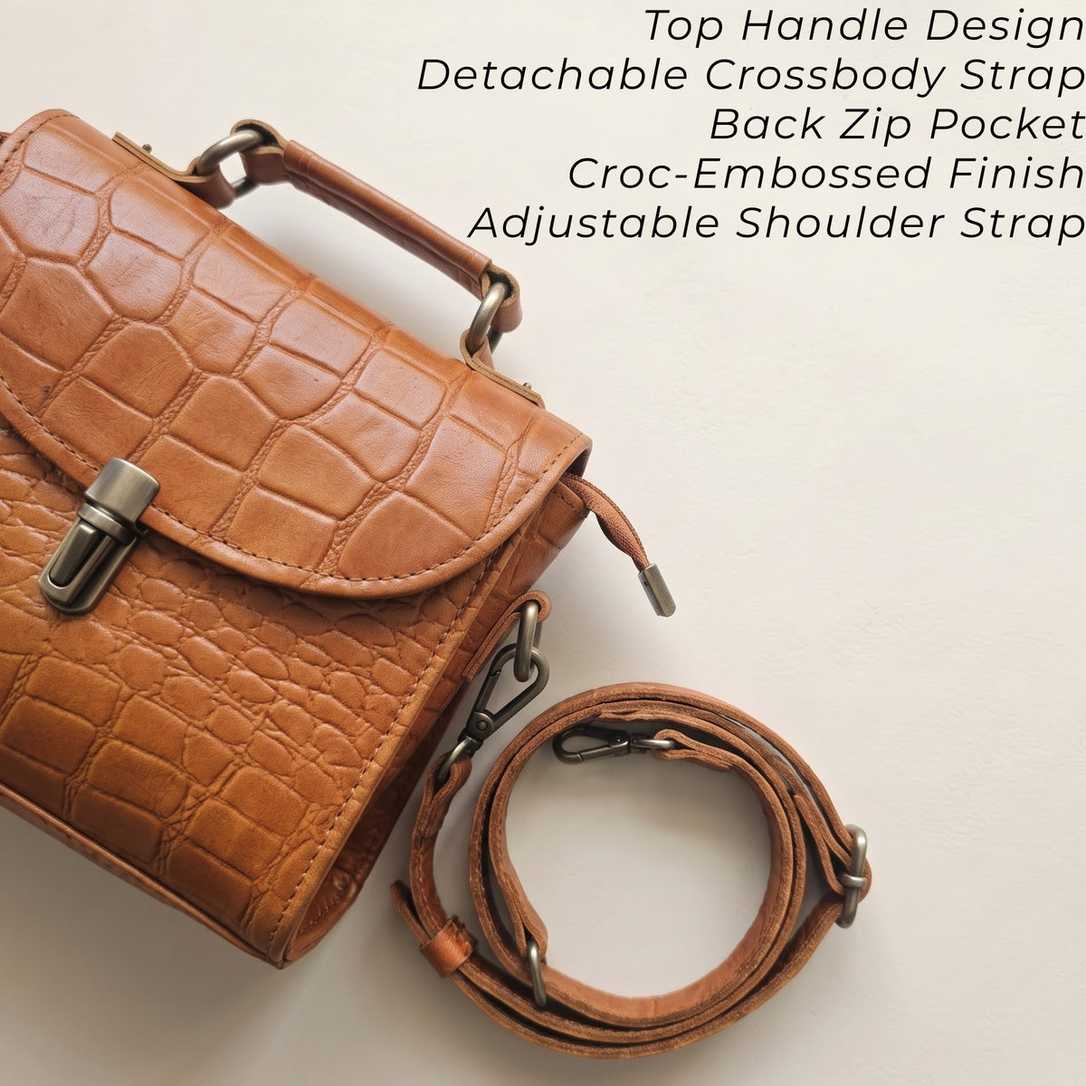 Genuine Leather Women's Crossbody Bag Croc Embossed Top Handle Satchel in Cognac