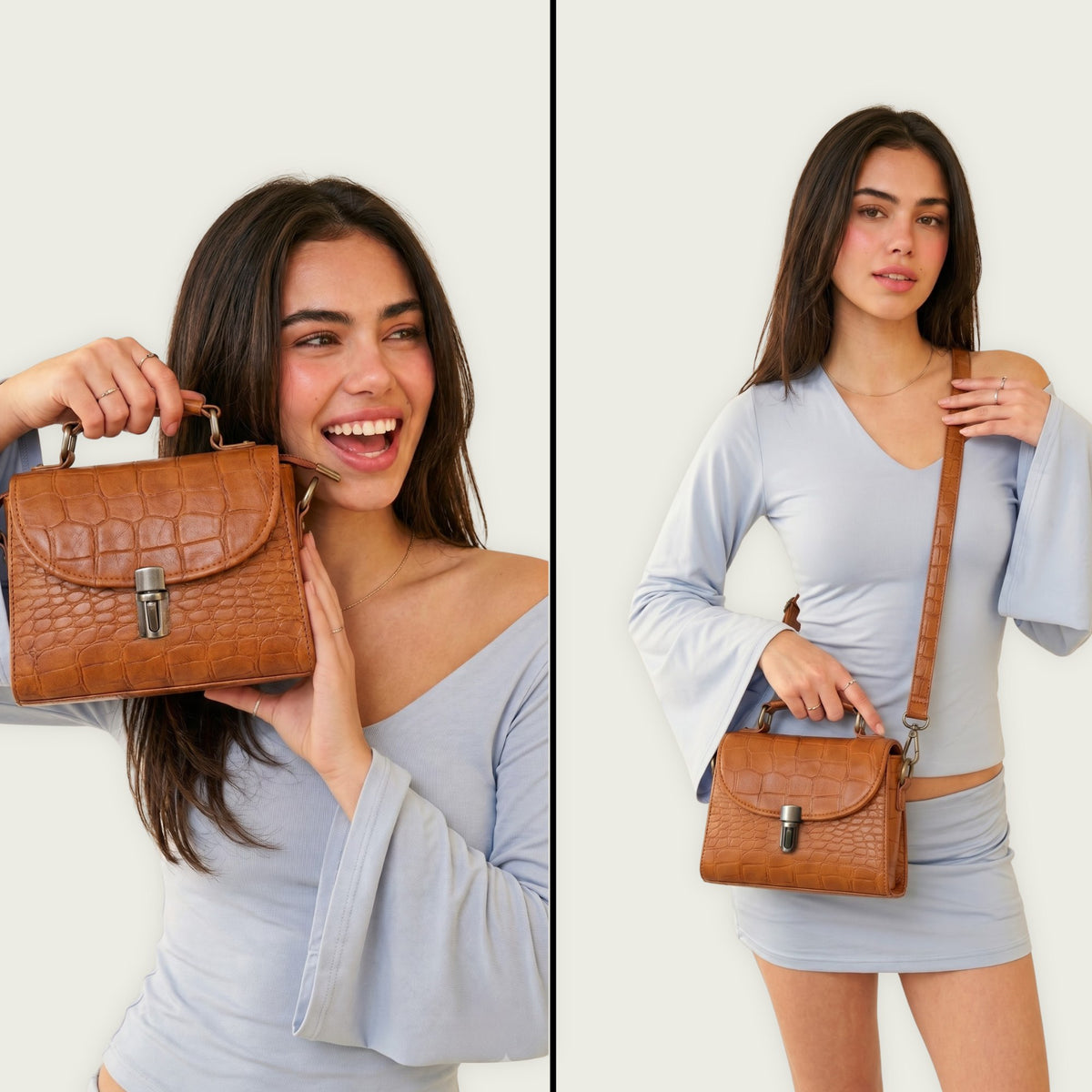 Genuine Leather Women's Crossbody Bag Croc Embossed Top Handle Satchel in Cognac
