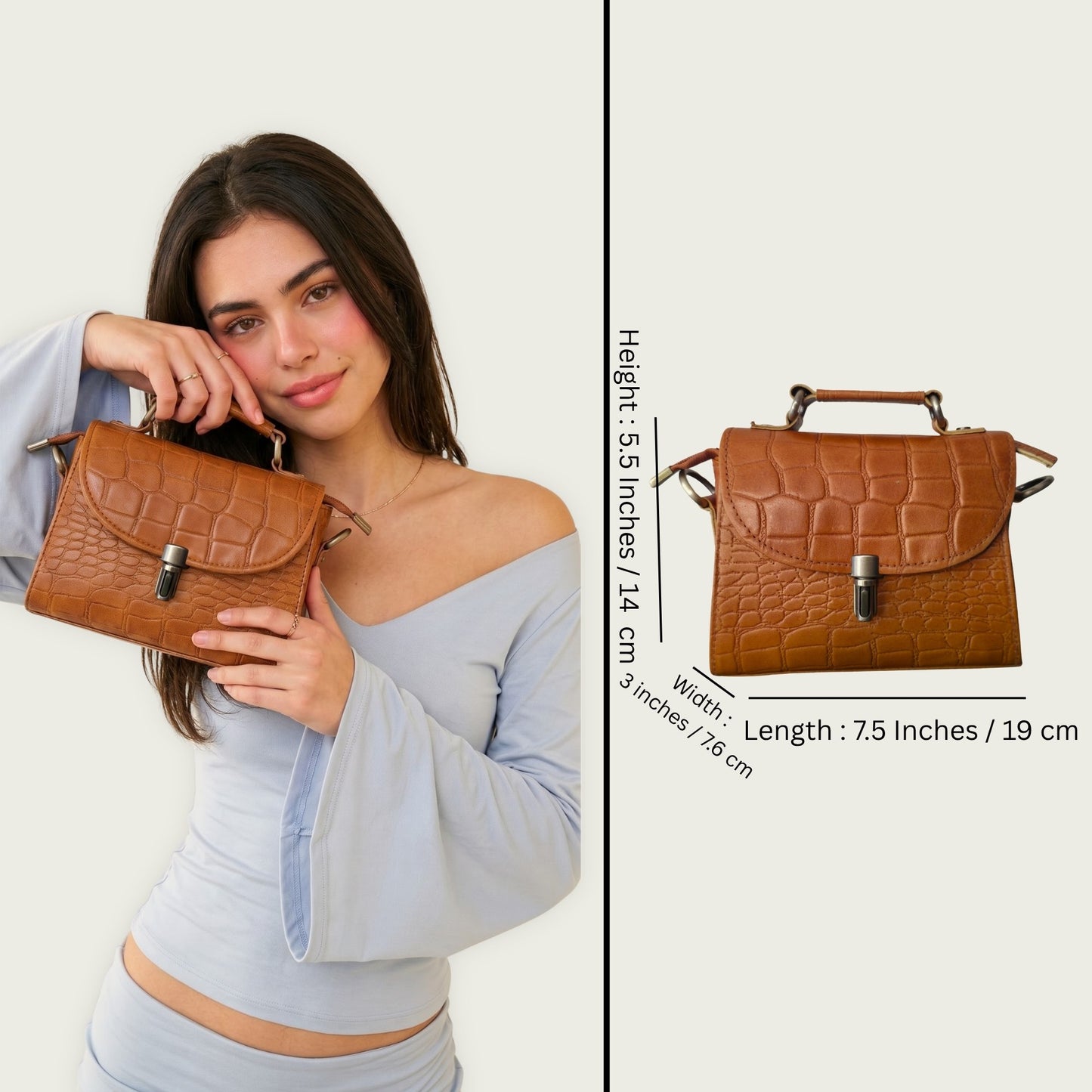 Genuine Leather Women's Crossbody Bag Croc Embossed Top Handle Satchel in Cognac