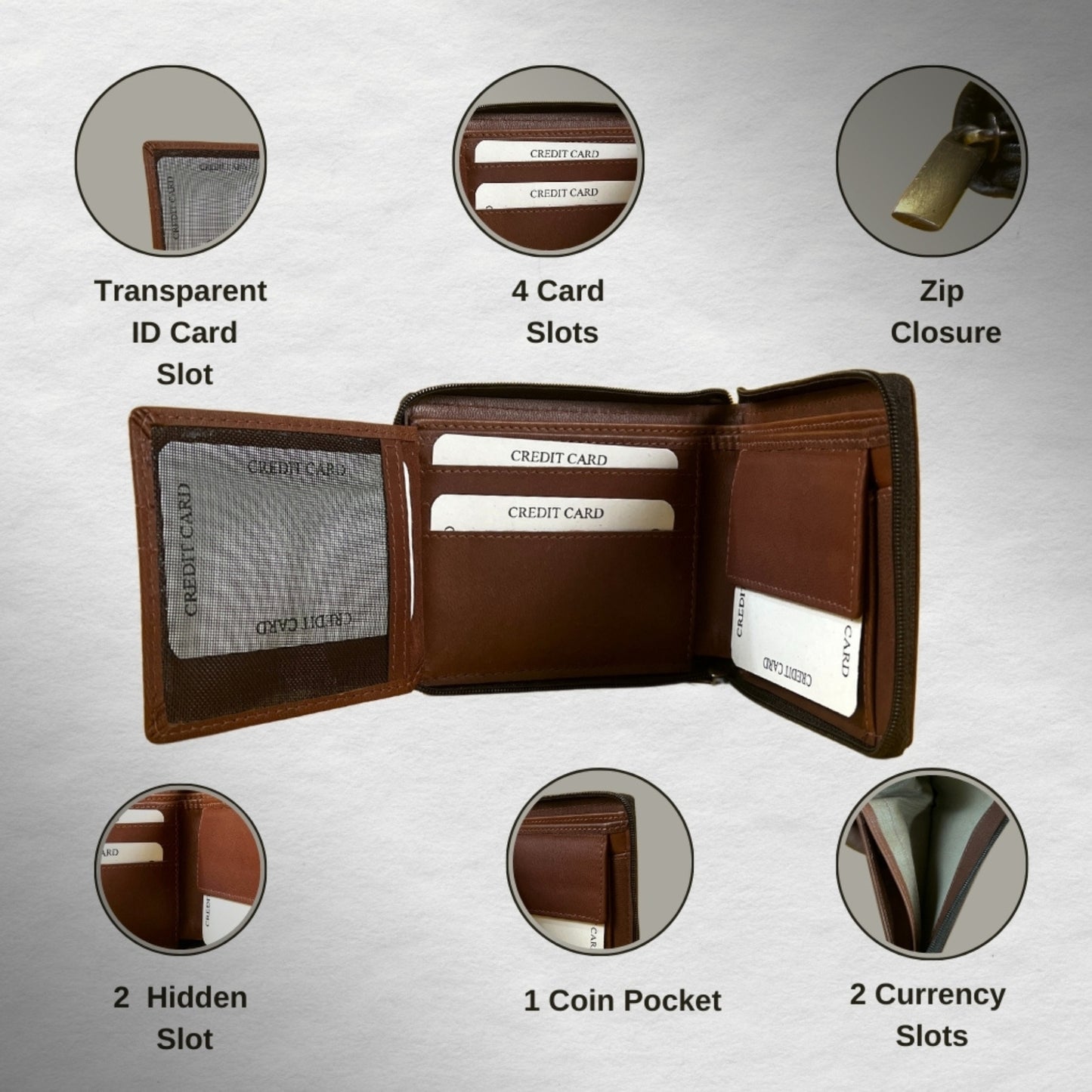 Madosh Genuine Leather Men's Wallet Brown Bifold Purse | RFID Protected | Cards Holder Coin Pocket | Zip Closure for Safety