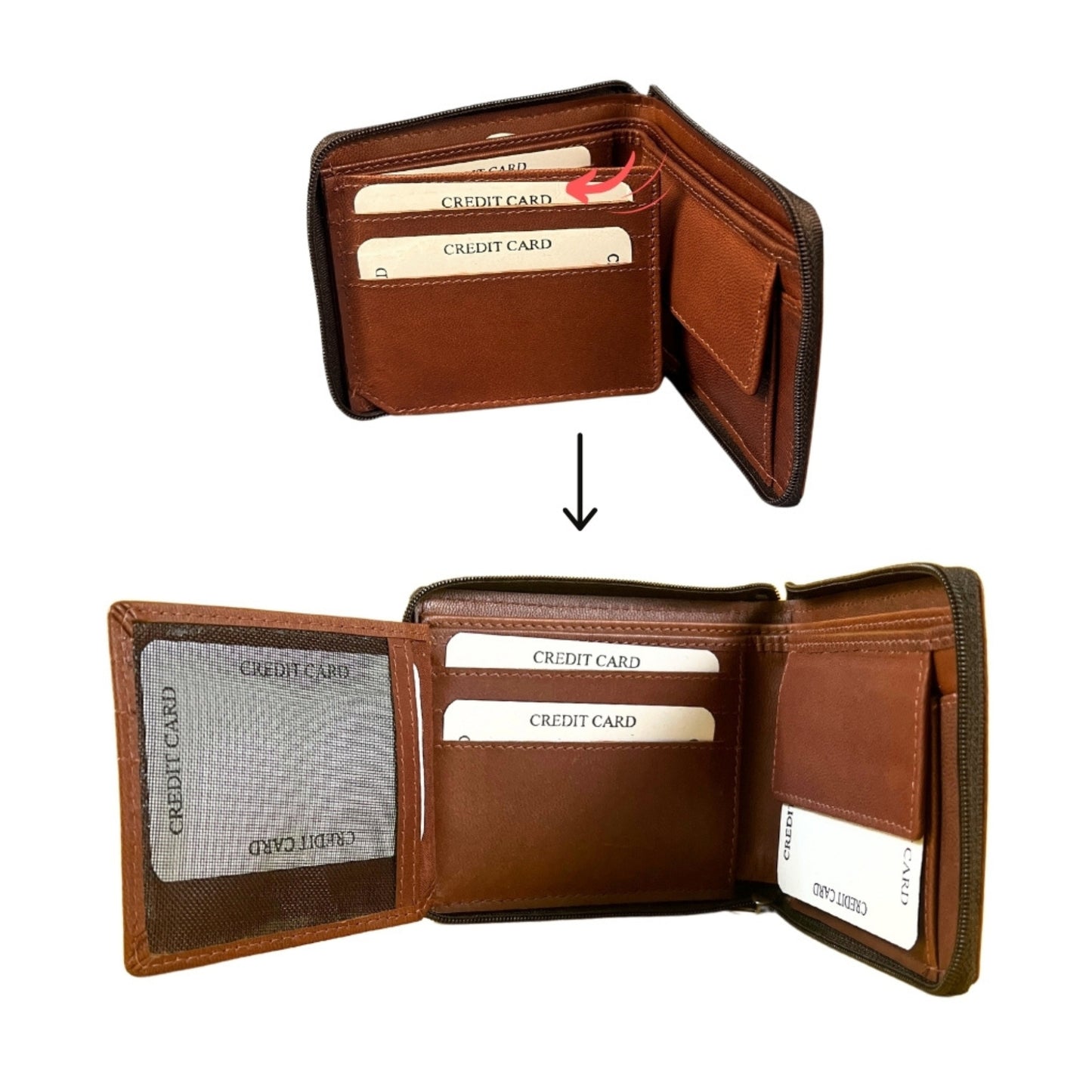 Madosh Genuine Leather Men's Wallet Brown Bifold Purse | RFID Protected | Cards Holder Coin Pocket | Zip Closure for Safety