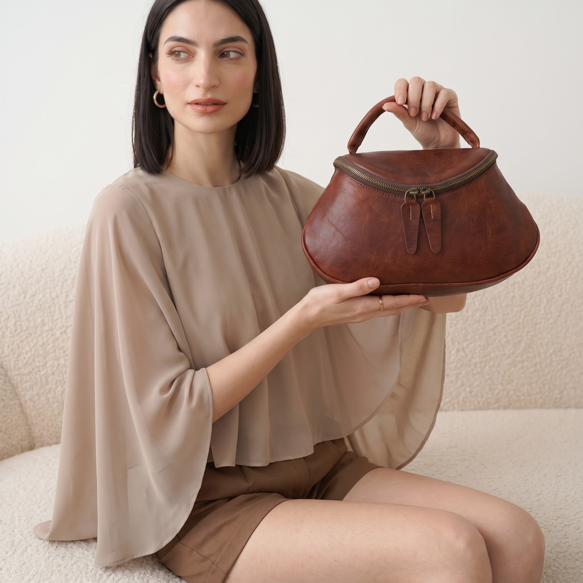 BELLE-Genuine Leather Curved Top Handle Hobo Handbag for Women with Spacious Main Compartment