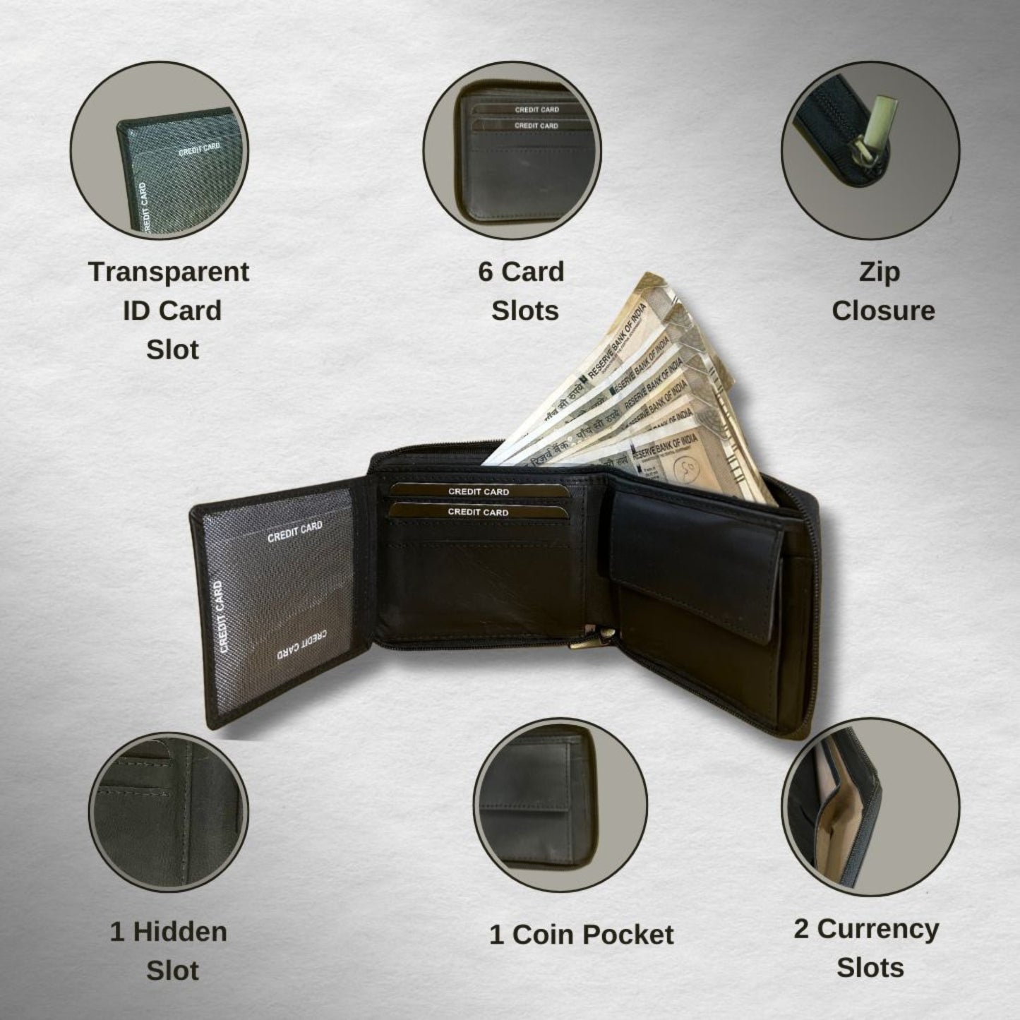 Madosh Genuine Leather Men's Wallet Black Bifold Purse | RFID Protected | Cards Holder Coin Pocket | Zip Closure for Safety