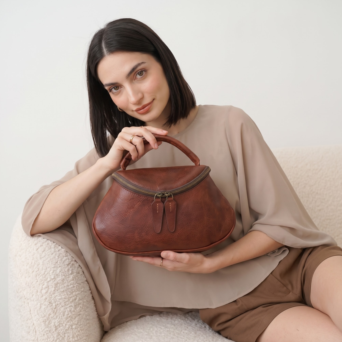 BELLE-Genuine Leather Curved Top Handle Hobo Handbag for Women with Spacious Main Compartment