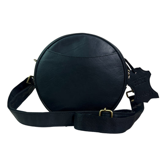 Madosh Stylish Round Crossbody Bag for Women – Small Circular Genuine Leather Purse with Adjustable Strap Black Side Shoulder Fashion Handbag