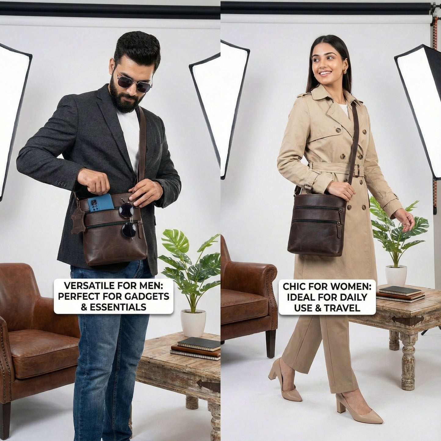 Leather Crossbody Handbag Unisex Hobo Bag Vintage Small Sling Crossover Bag