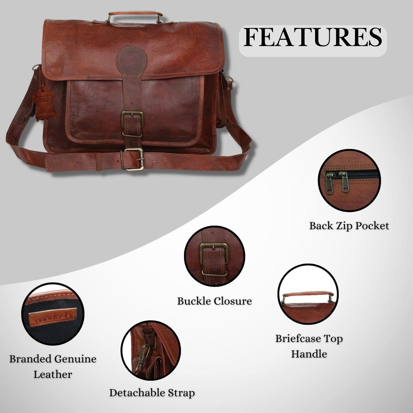 Madosh, Genuine Leather Men's Office Bag Briefcase Style Shoulder Crossbody Laptop Messenger Bag