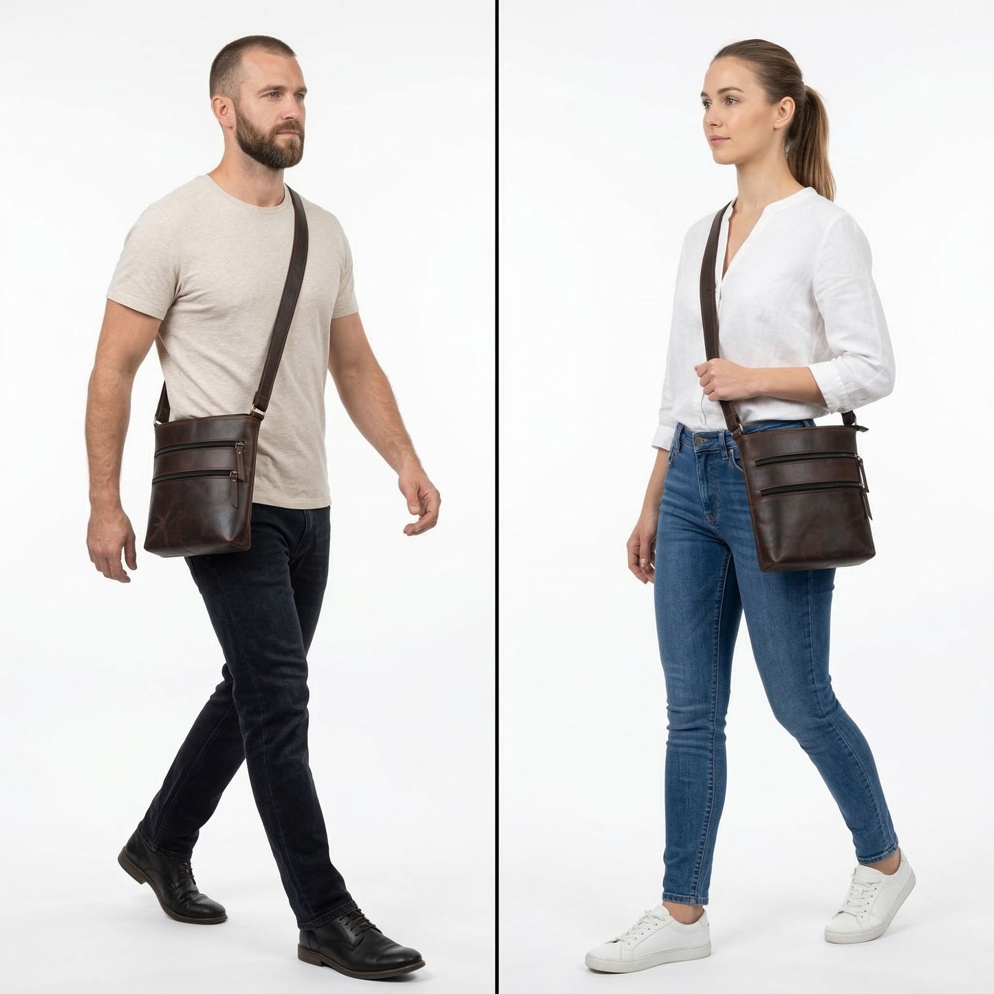 Madosh Genuine Brown Leather Unisex Crossbody Shoulder Sling Small Crossover Side Multiple Pocket Hand Bag