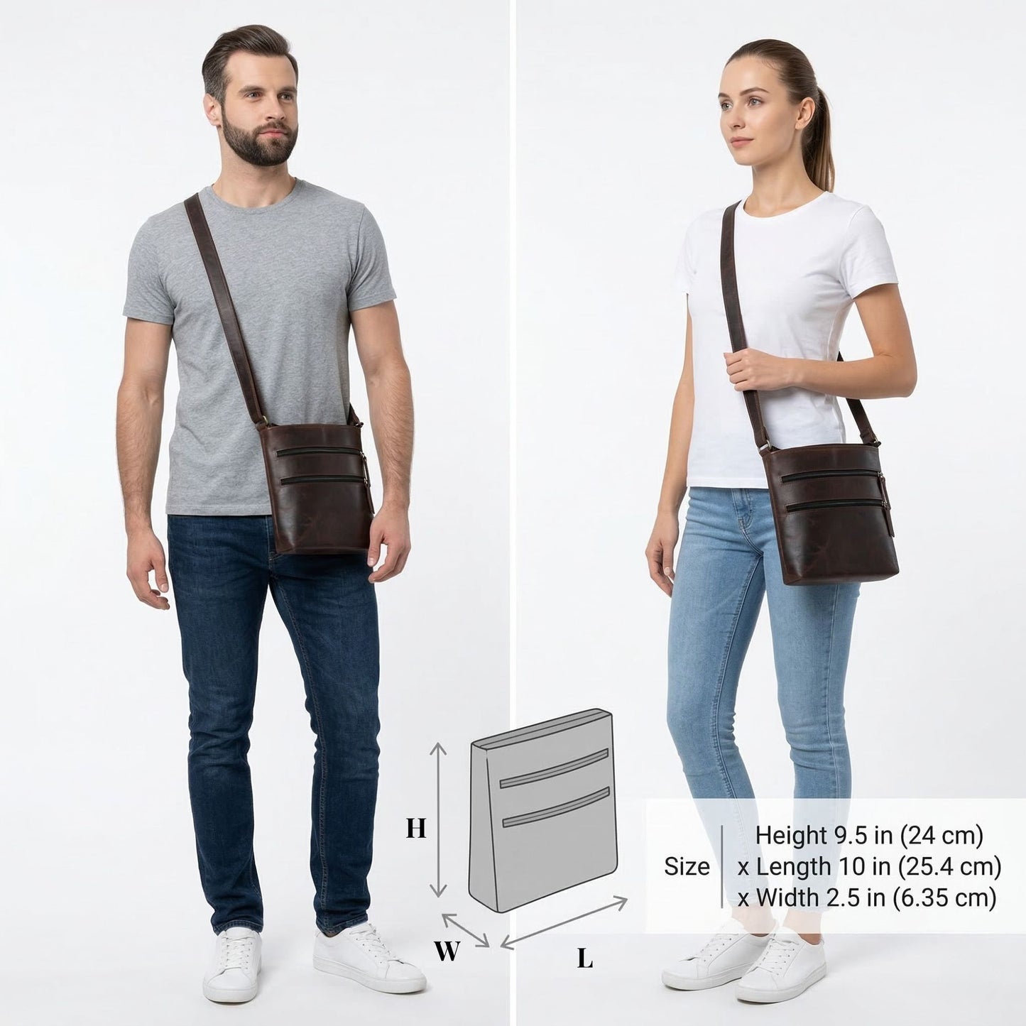 Madosh Genuine Brown Leather Unisex Crossbody Shoulder Sling Small Crossover Side Multiple Pocket Hand Bag