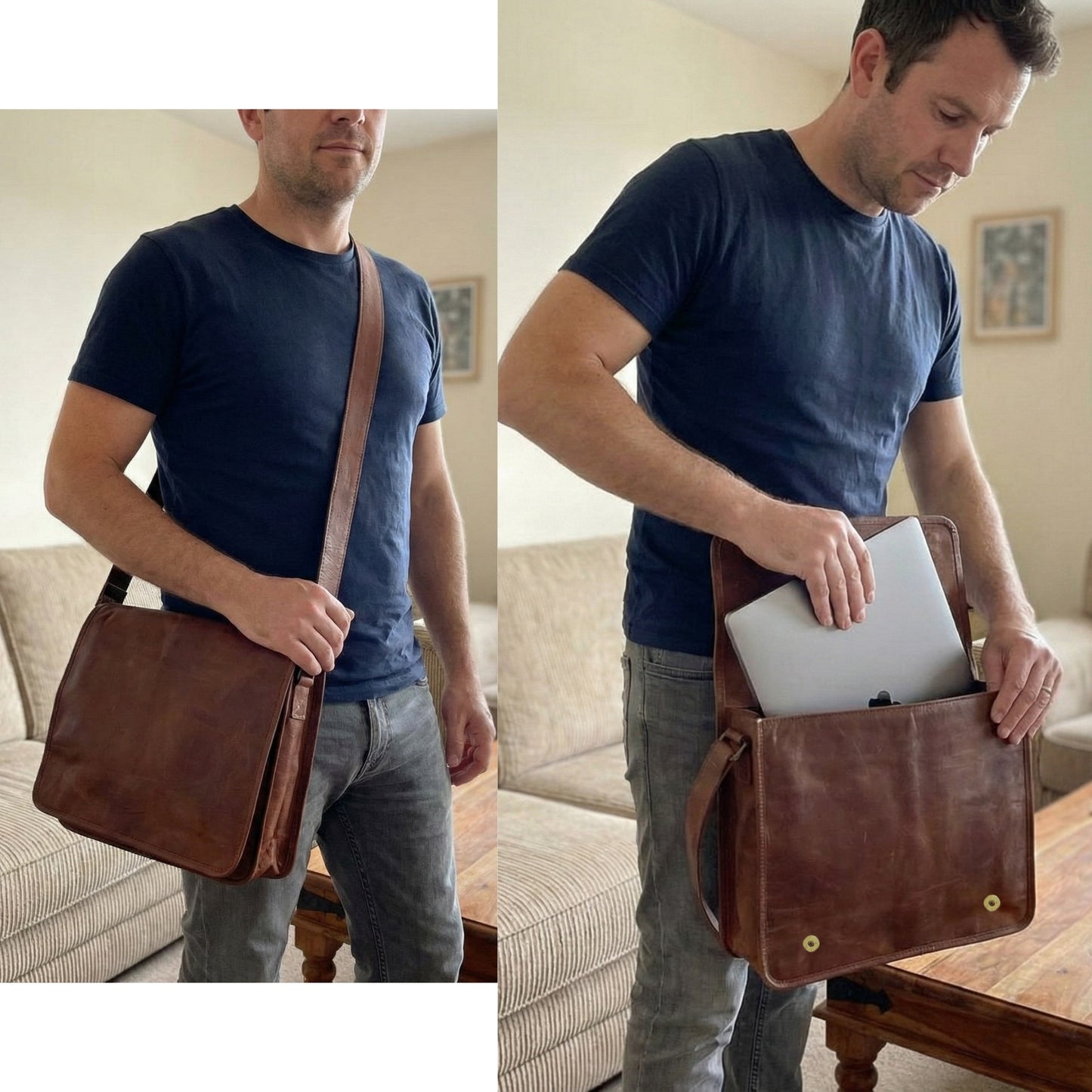 Genuine Leather Crossbody Full Flap Messenger Magnetic Snap Men Shoulder Bag