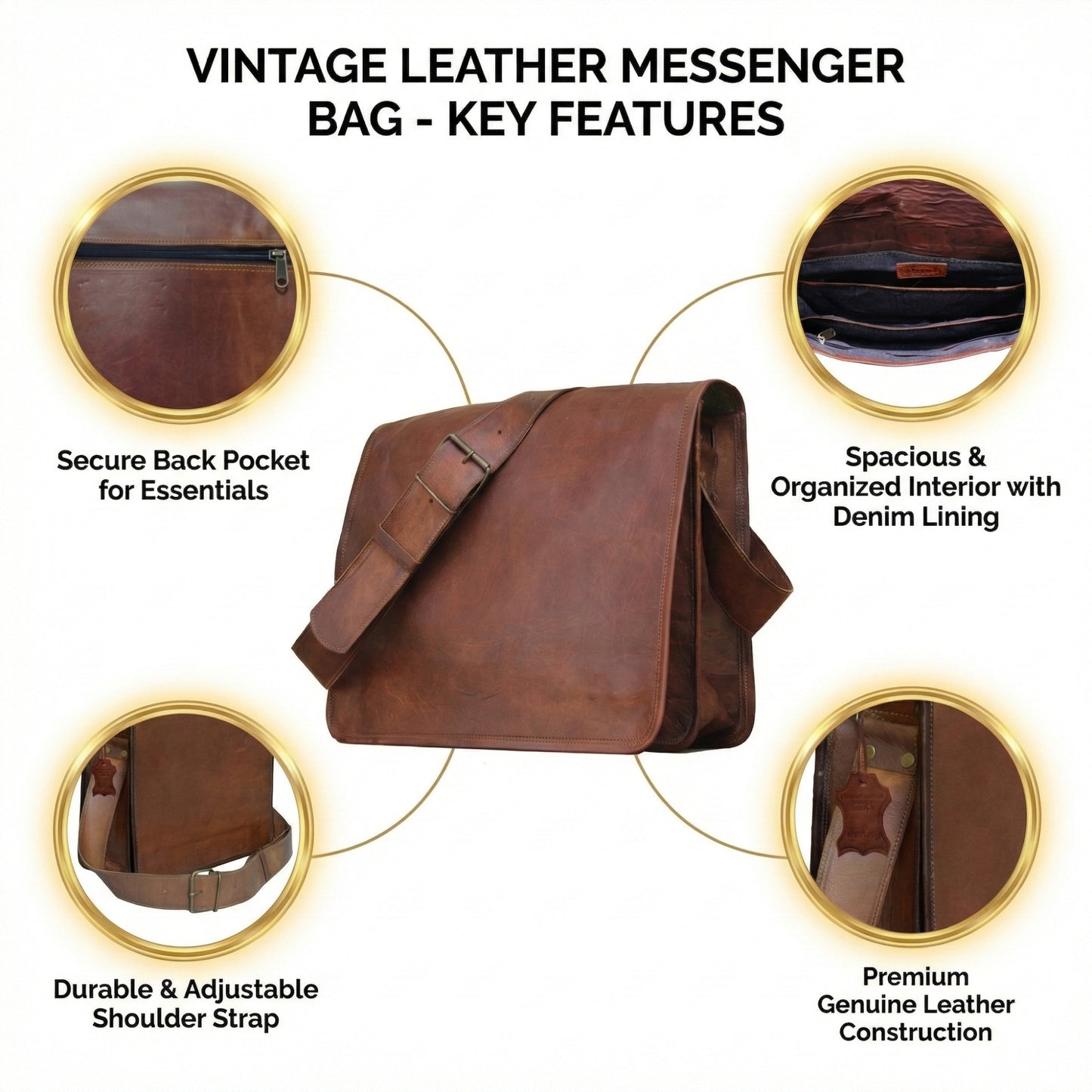 Genuine Leather Crossbody Full Flap Messenger Magnetic Snap Men Shoulder Bag