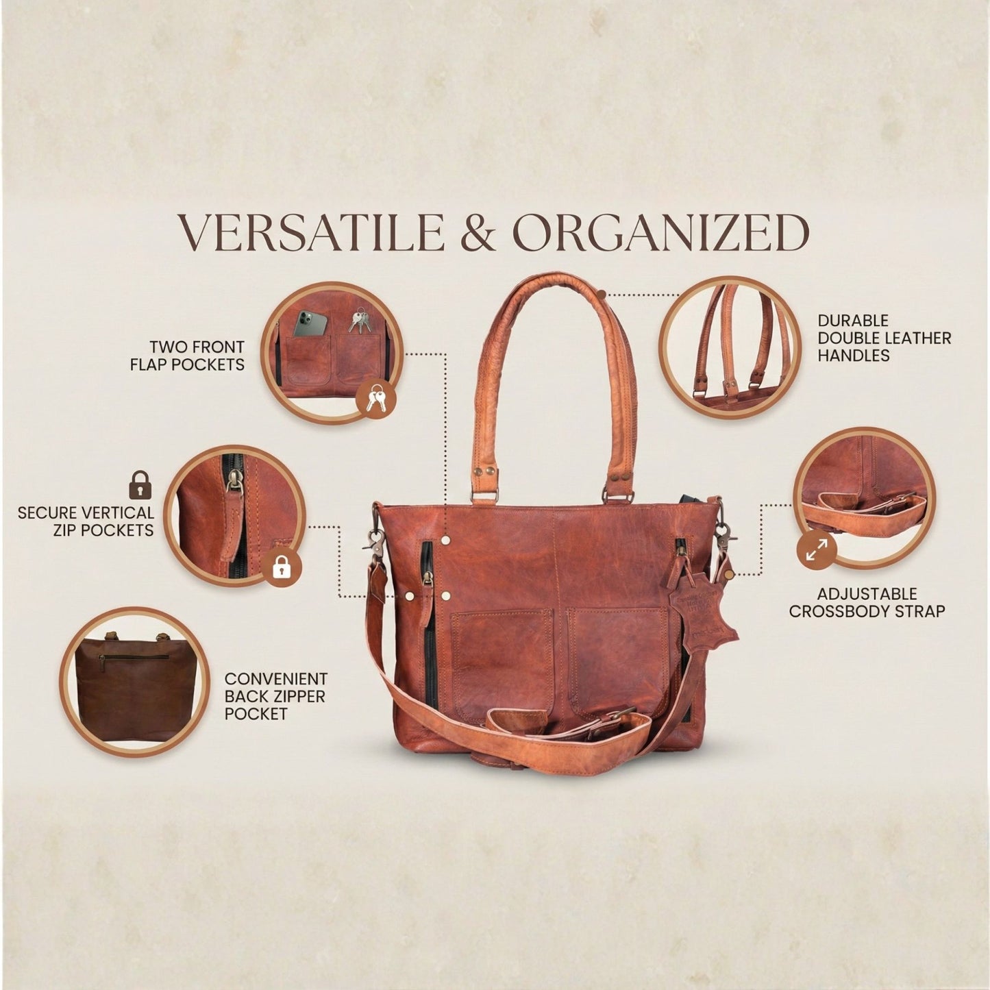 Womens Genuine Leather Rustic Tote Crossbody Satchel Dark Brown Tote Bag