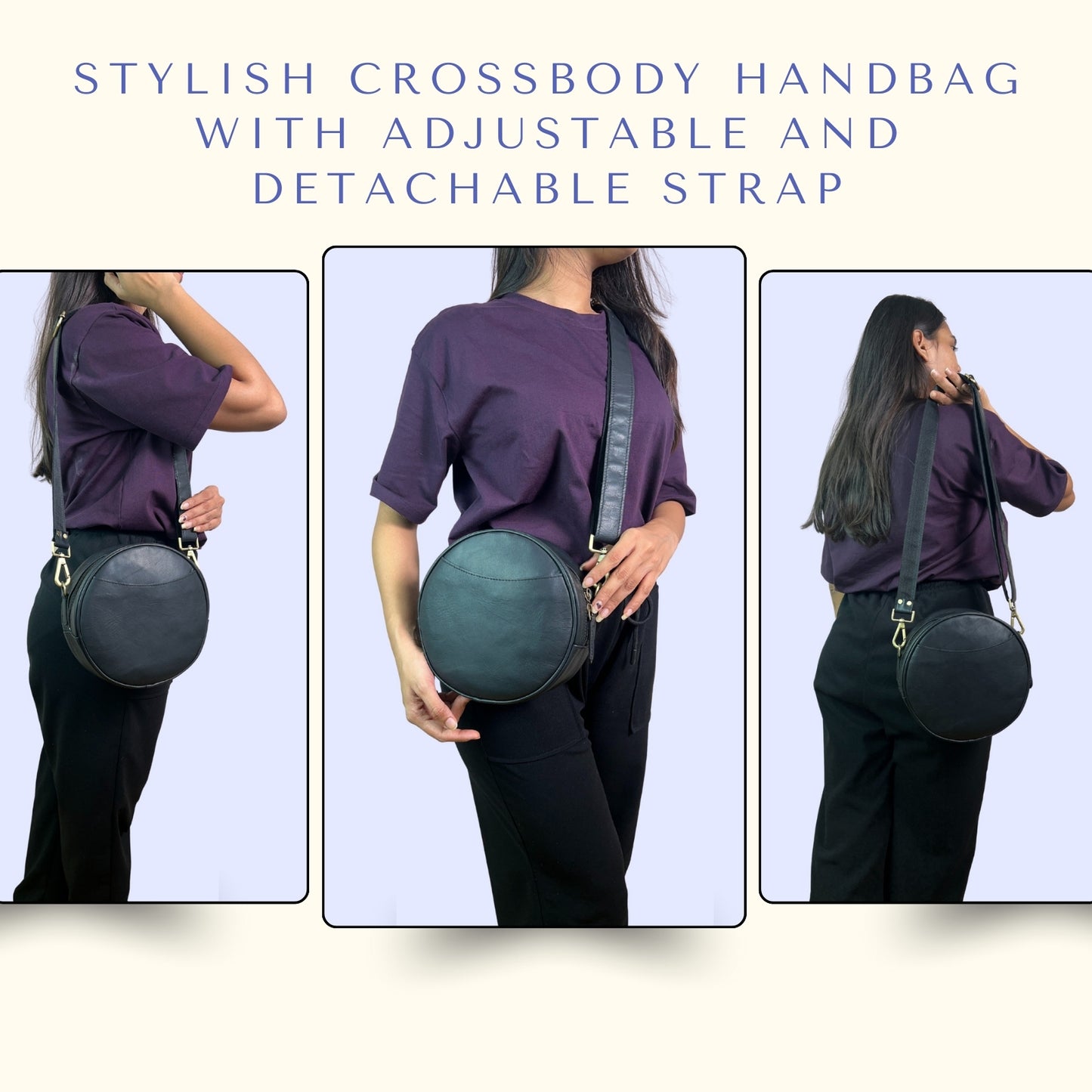 Madosh Stylish Round Crossbody Bag for Women – Small Circular Genuine Leather Purse with Adjustable Strap Black Side Shoulder Fashion Handbag