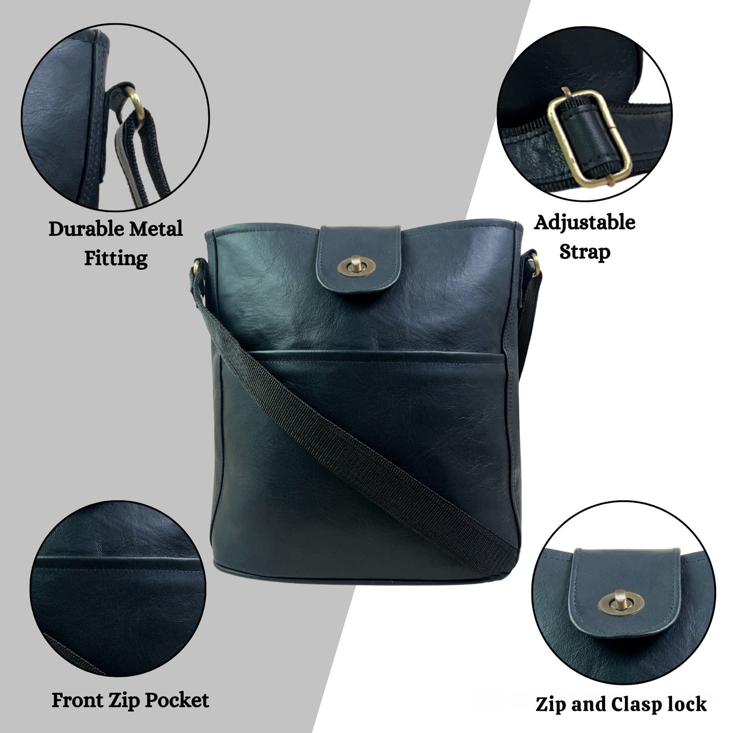 Women’s Genuine Leather Crossbody Shoulder Bag | Medium Size Sling Bag for Office, Travel, Casual Use | 11 Inch Ladies Side Purse with Adjustable Strap & Pockets