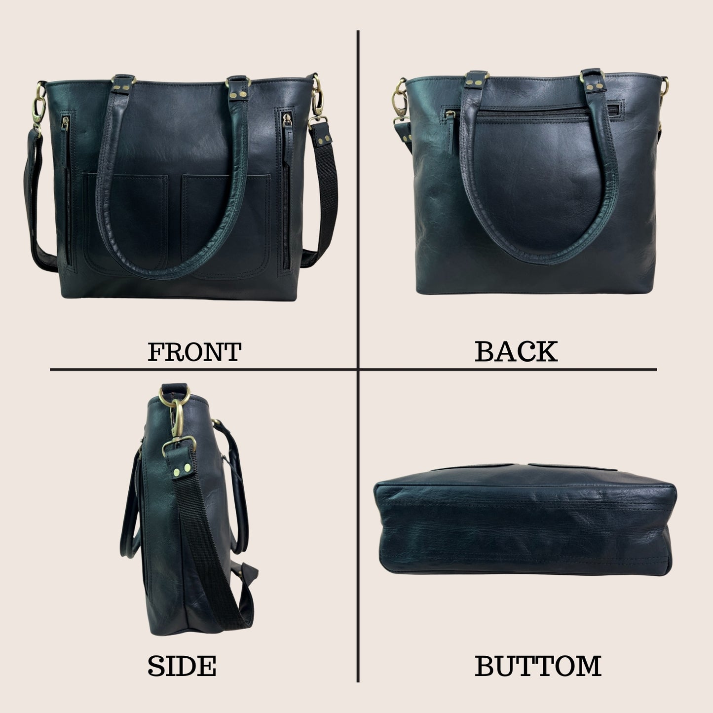 Madosh Women's Genuine Leather Tote Bag | Multi-Pocket Shoulder Bag | Adjustable & Detachable Strap | Elegant Everyday Handbag for Work & Travel (Black)