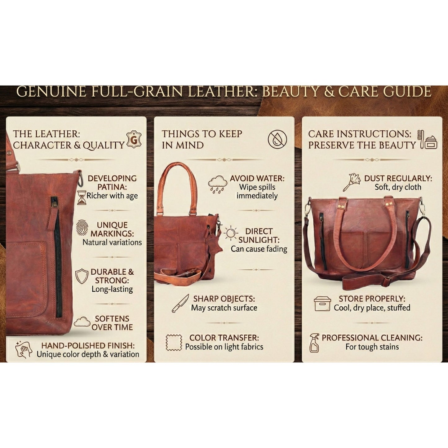 Womens Genuine Leather Rustic Tote Crossbody Satchel Dark Brown Tote Bag