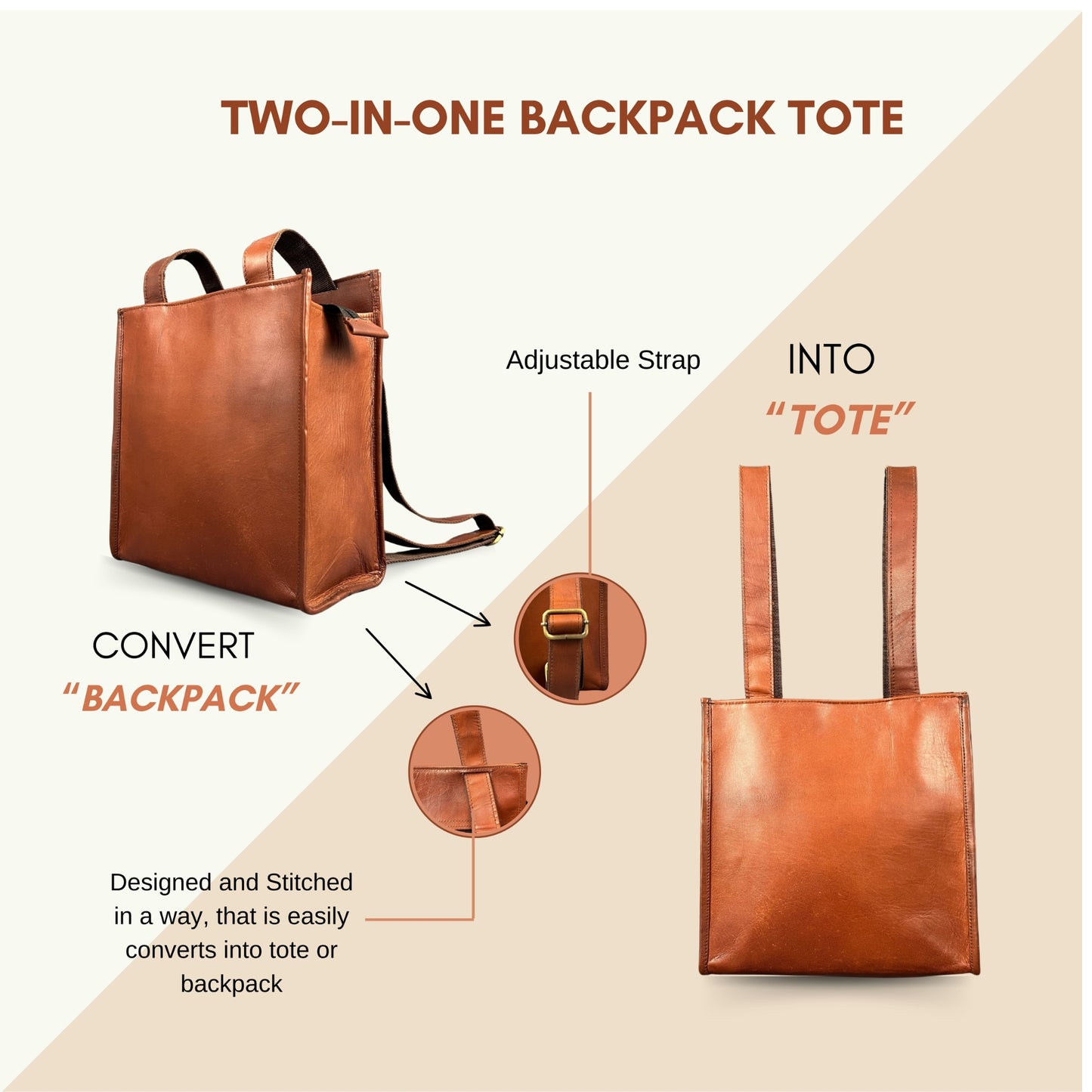 Madosh Genuine Leather 2-in-1 Brown Medium Backpack tote handbag easily convertible dual design purse