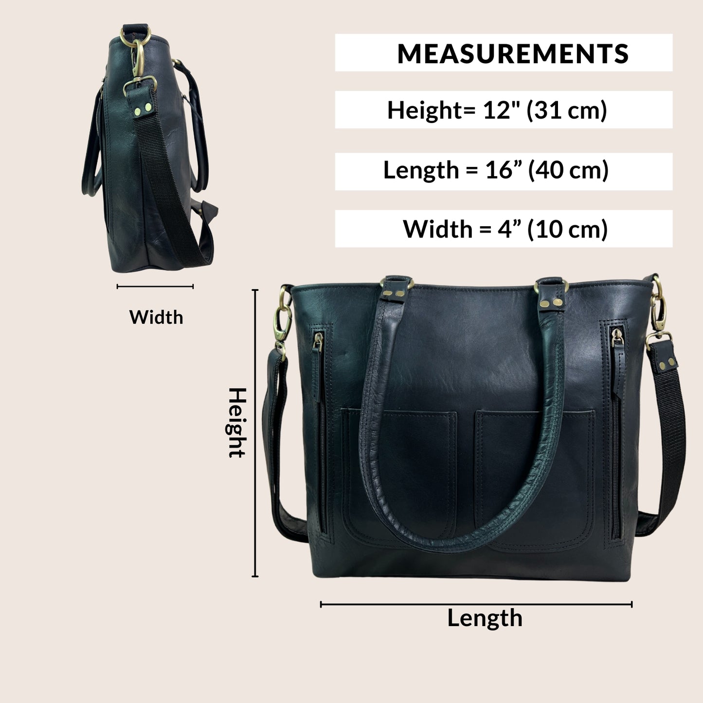 Madosh Women's Genuine Leather Tote Bag | Multi-Pocket Shoulder Bag | Adjustable & Detachable Strap | Elegant Everyday Handbag for Work & Travel (Black)