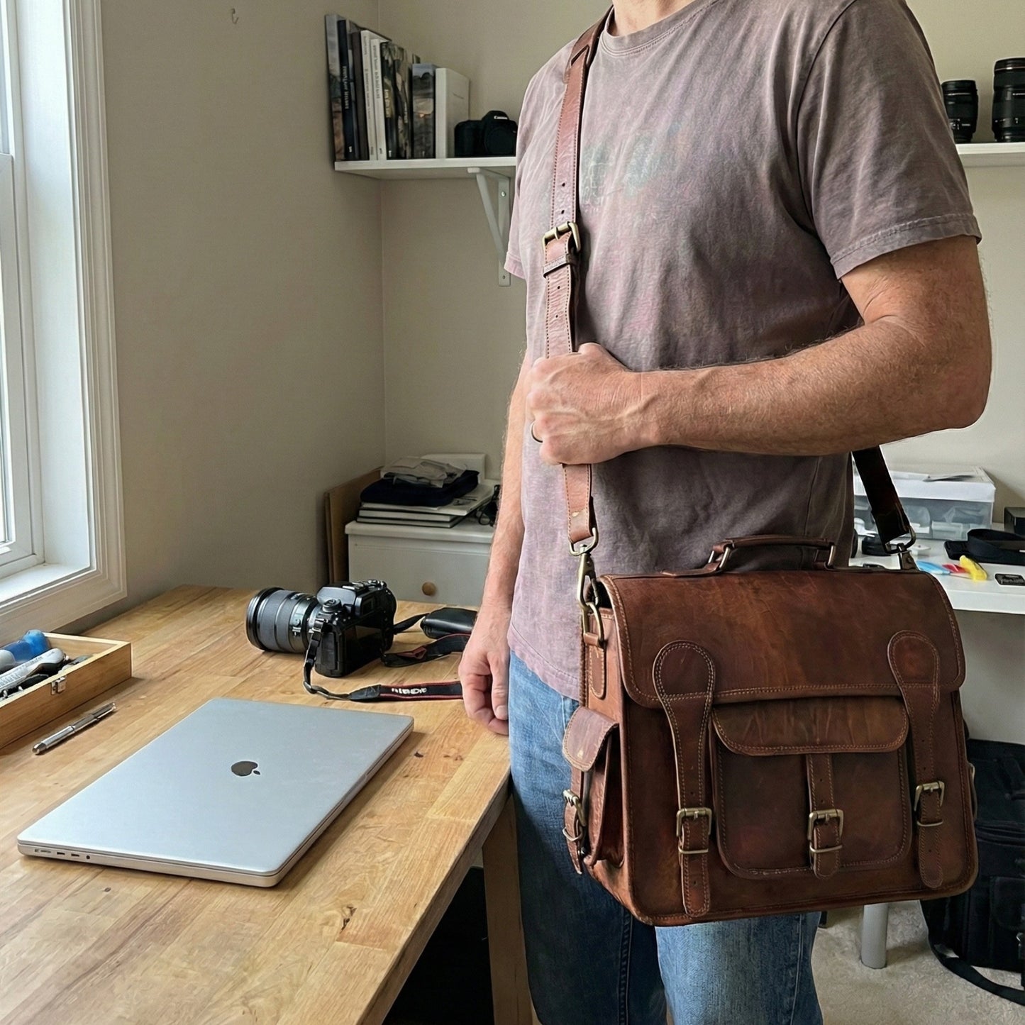 Brown Carryall Genuine Leather Office Laptop Camera Lens KIt Photography Bag