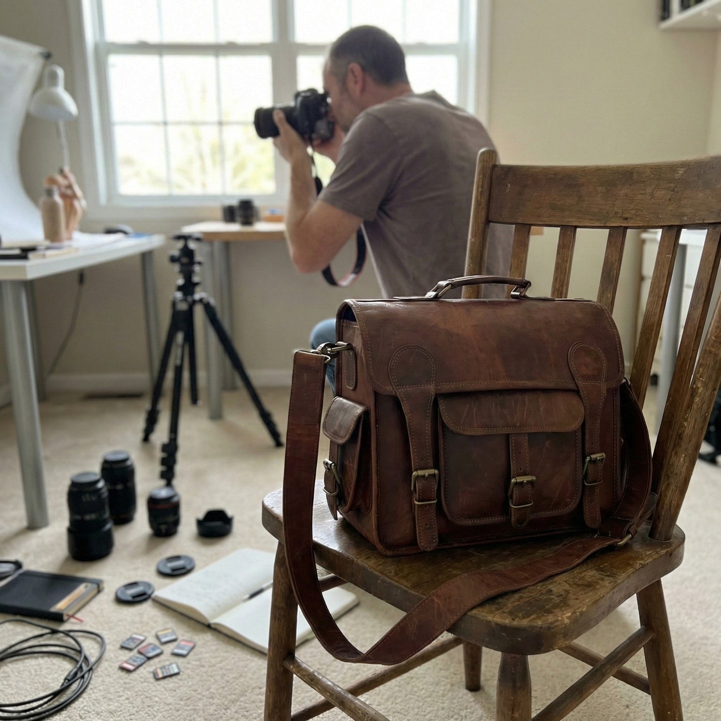 Brown Carryall Genuine Leather Office Laptop Camera Lens KIt Photography Bag