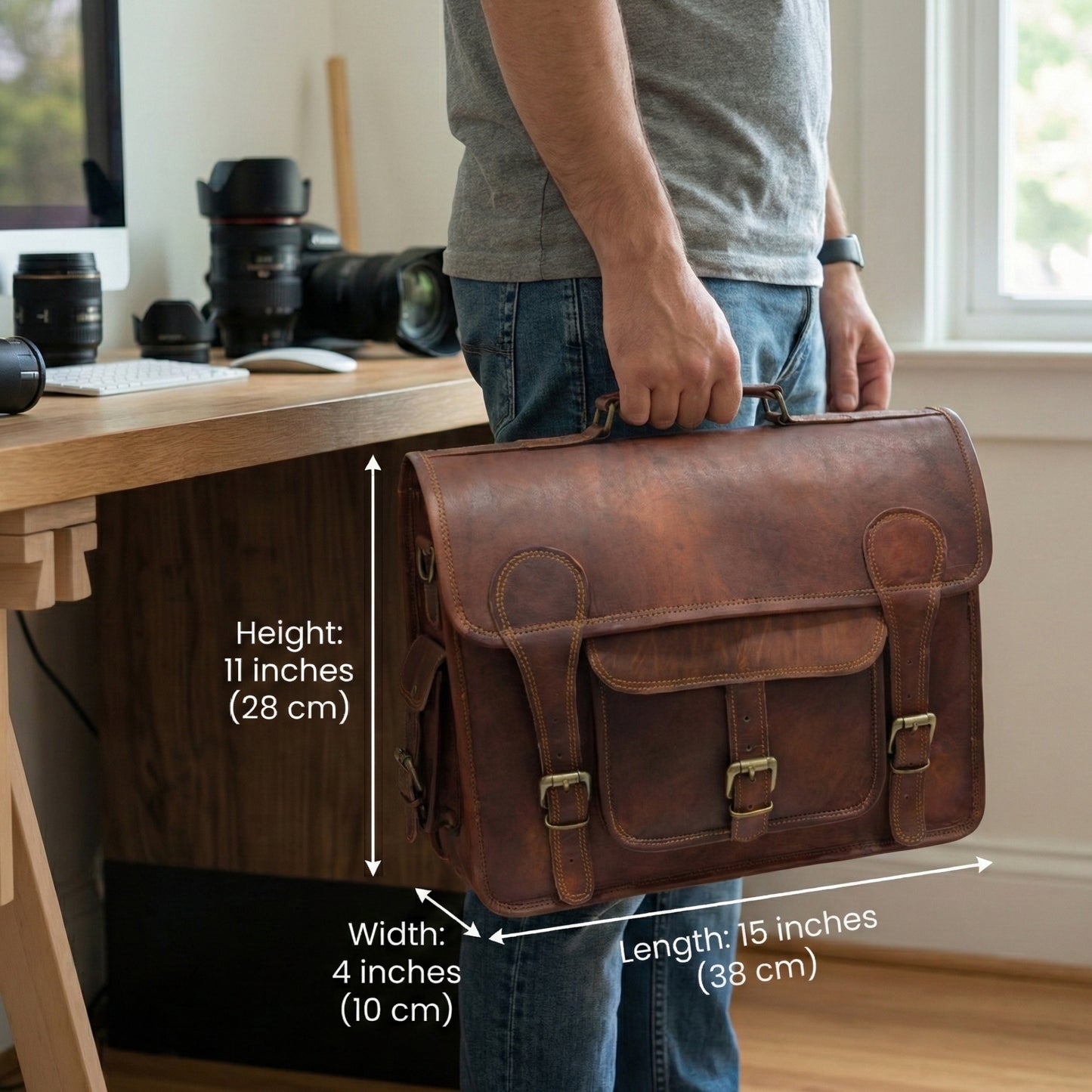 Brown Carryall Genuine Leather Office Laptop Camera Lens KIt Photography Bag