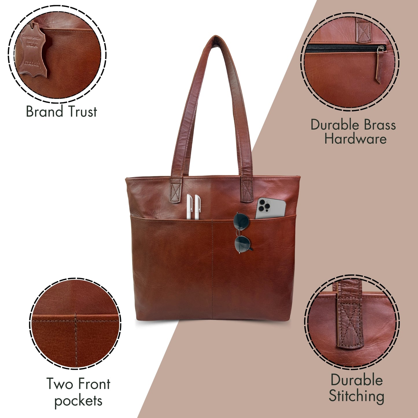Madosh Brown Genuine Leather Tote Bag for Women - 15 inch Laptop Work Bag Shoulder Handbag & Purse with Multiple Pockets