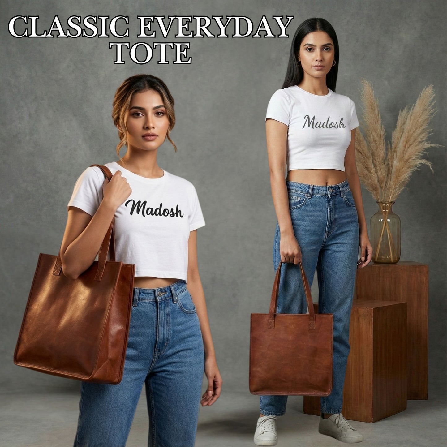 Women's Genuine Leather Brown Open Purse Tote Shoulder Shopping Bag