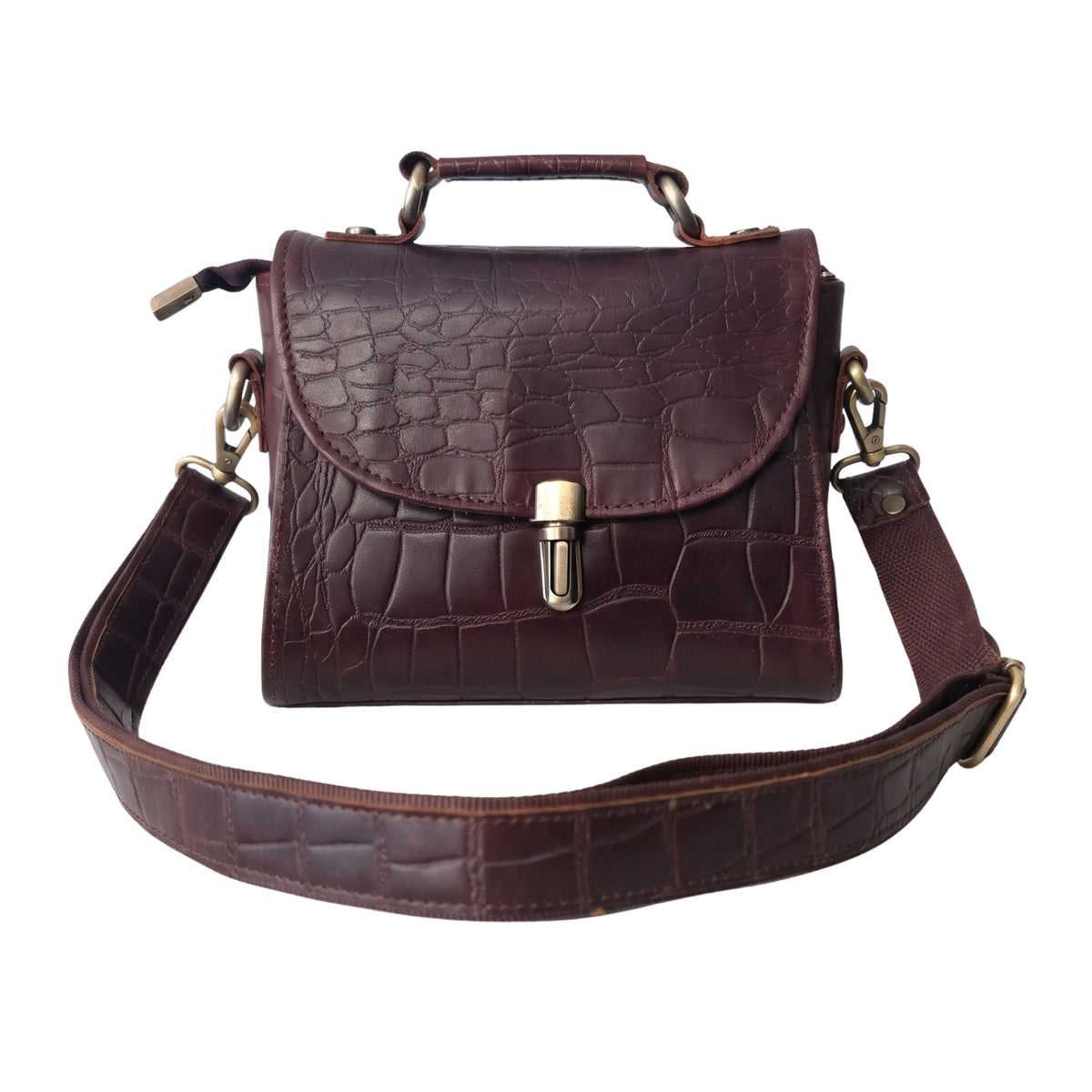 Genuine Leather Women's Crossbody Bag Croc Embossed Top Handle Satchel in dark chocolate Brown