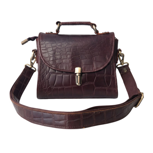 Genuine Leather Women's Crossbody Bag Croc Embossed Top Handle Satchel in dark chocolate Brown