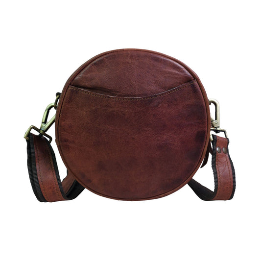 Stylish Round Crossbody Bag for Women – Small Circular Genuine Leather Purse with Adjustable Strap Brown Side Shoulder Fashion Handbag