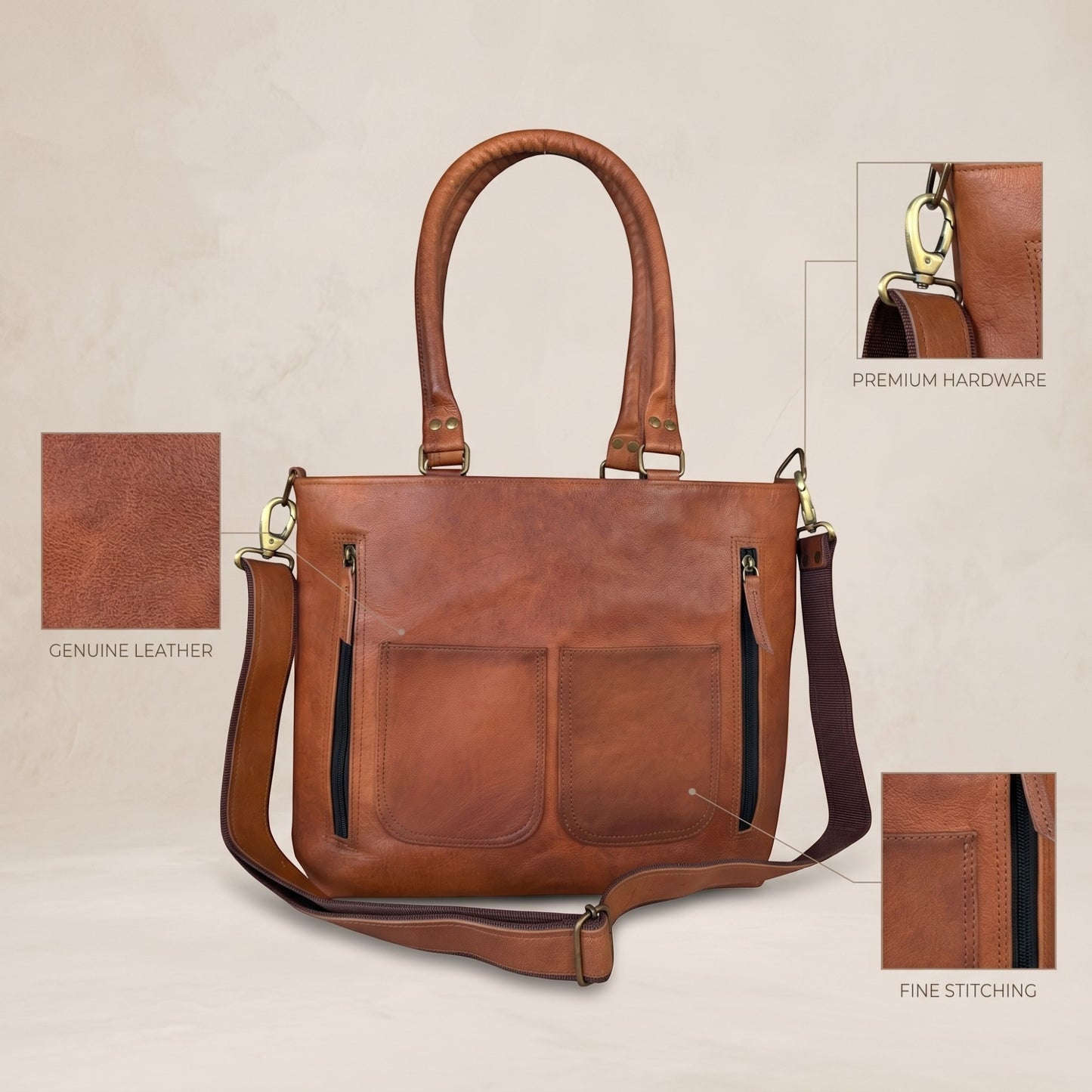 Womens Genuine Leather Brown Tote Shoulder Crossbody Handbag