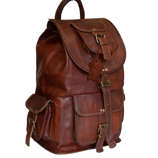 Vintage Genuine Leather 16" Rucksack Luggage Travel Hiking Knapsack Bag