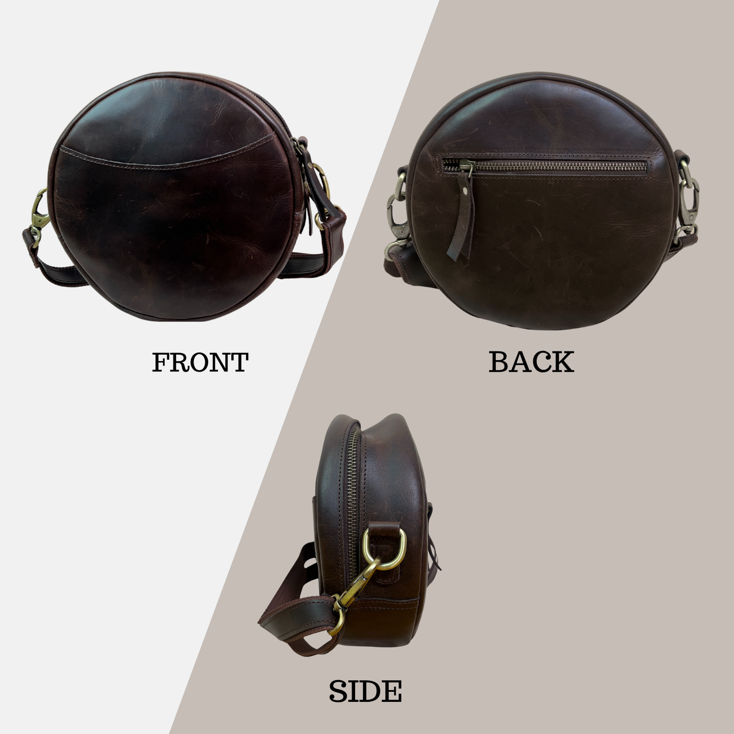 Madosh Stylish Round Crossbody Bag for Women – Small Circular Genuine Leather Purse with Adjustable Strap Brown Side Shoulder Fashion Handbag