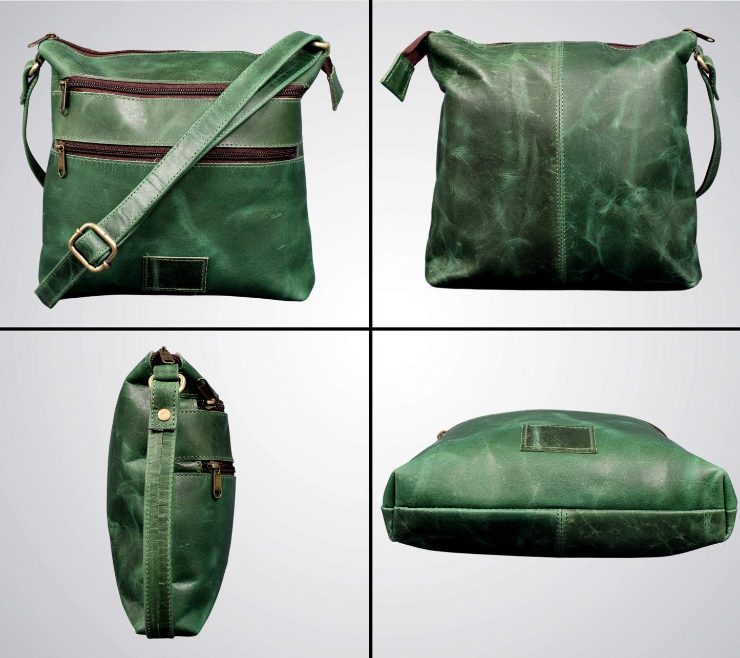 Madosh Genuine Green Leather Unisex Crossbody Shoulder Sling Small Crossover Side Multiple Pocket Hand Bag