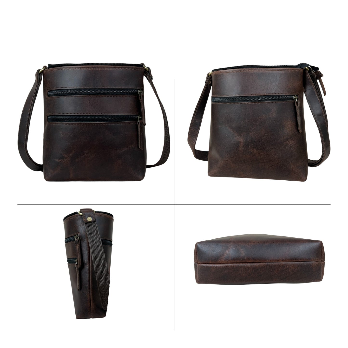 Madosh Genuine Brown Leather Unisex Crossbody Shoulder Sling Small Crossover Side Multiple Pocket Hand Bag